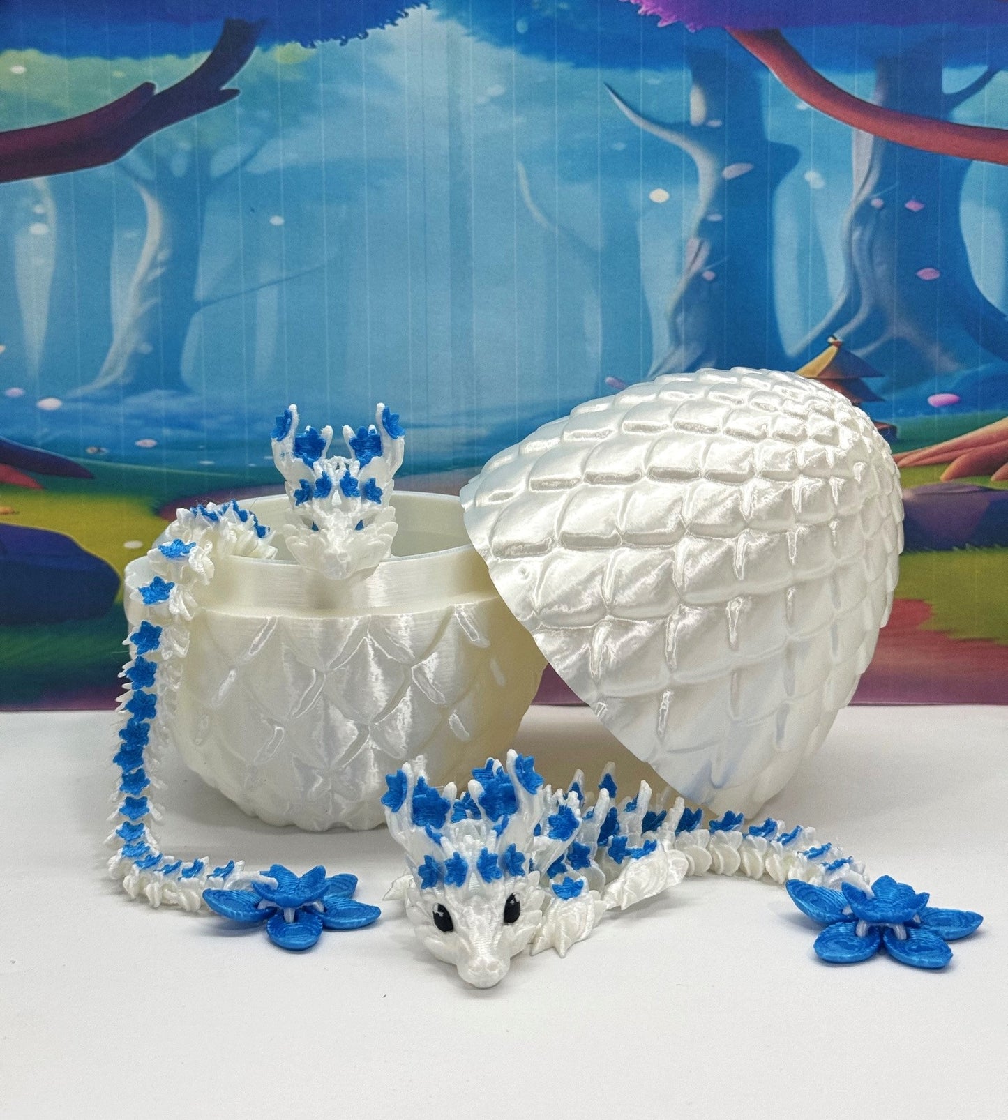 2pcs 3D Printed Dragons with Dragon Egg, Articulated White and Blue Cherry Blossom Dragons, 3D Printed Gift Birthday Party, Fidget ADHD Autism Toy MCD-017-004WB