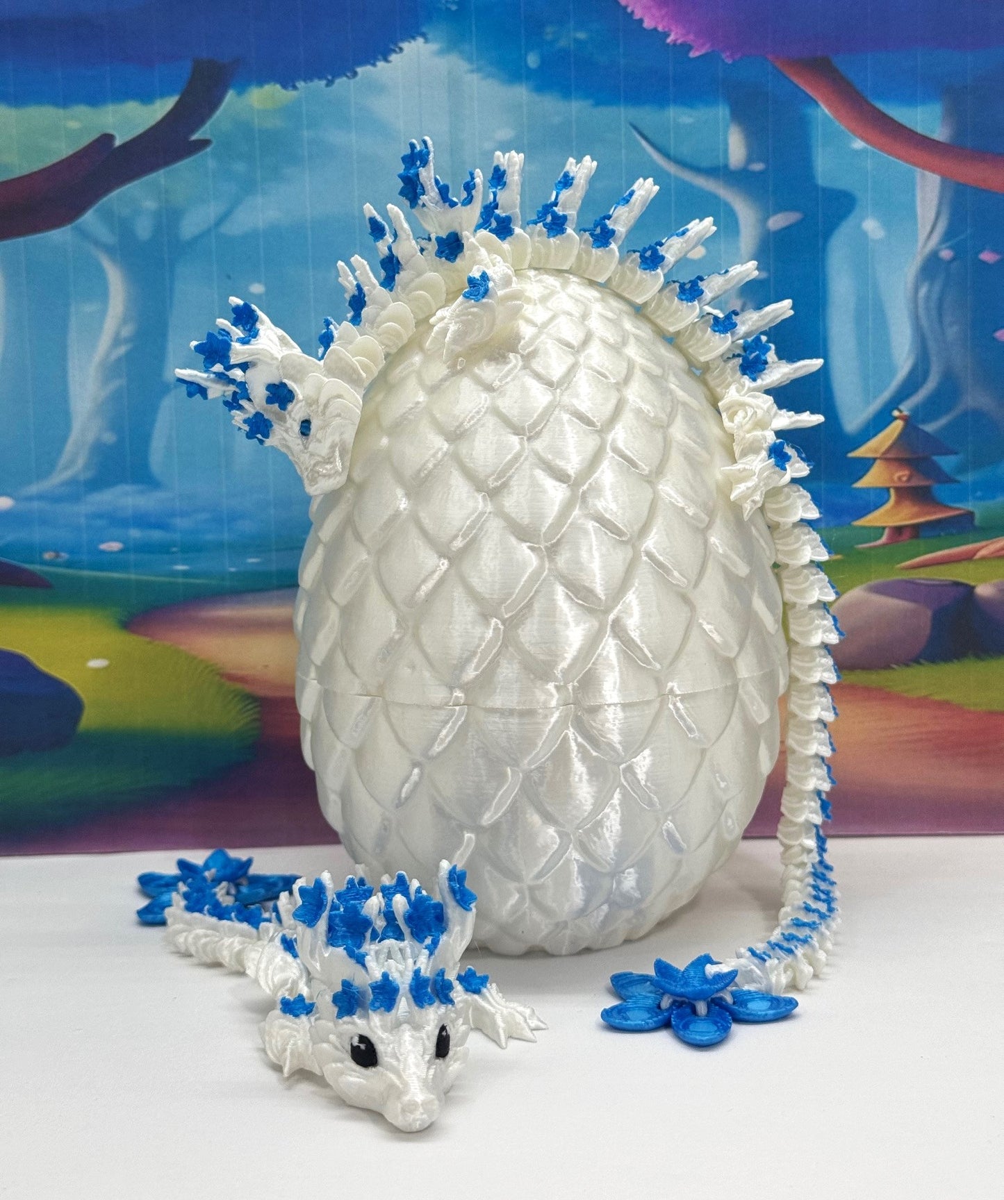 2pcs 3D Printed Dragons with Dragon Egg, Articulated White and Blue Cherry Blossom Dragons, 3D Printed Gift Birthday Party, Fidget ADHD Autism Toy MCD-017-004WB