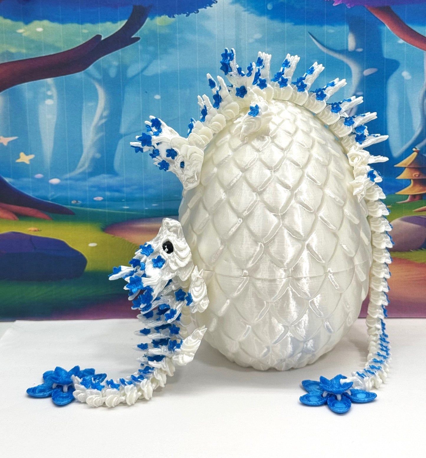 2pcs 3D Printed Dragons with Dragon Egg, Articulated White and Blue Cherry Blossom Dragons, 3D Printed Gift Birthday Party, Fidget ADHD Autism Toy MCD-017-004WB