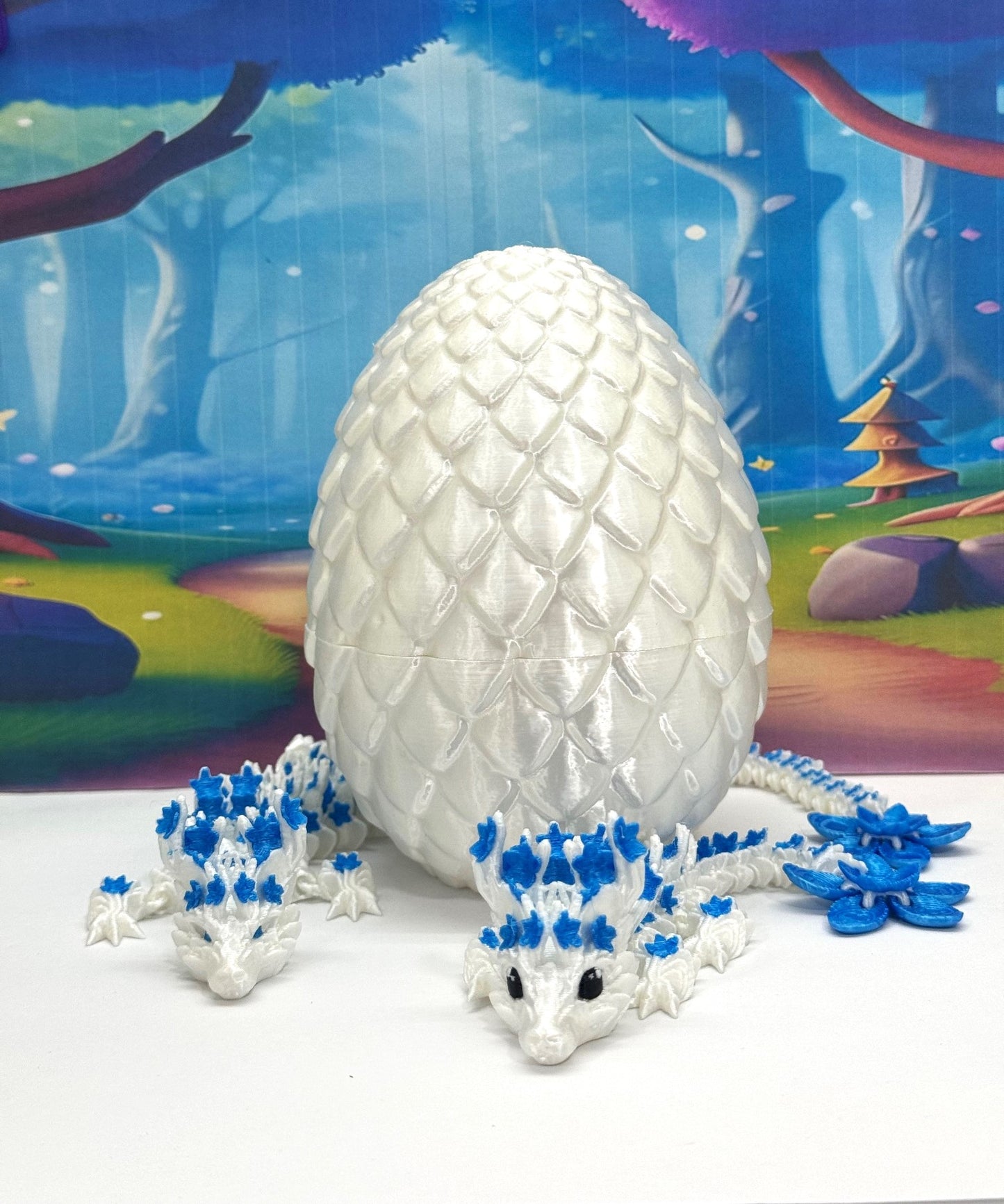 2pcs 3D Printed Dragons with Dragon Egg, Articulated White and Blue Cherry Blossom Dragons, 3D Printed Gift Birthday Party, Fidget ADHD Autism Toy MCD-017-004WB
