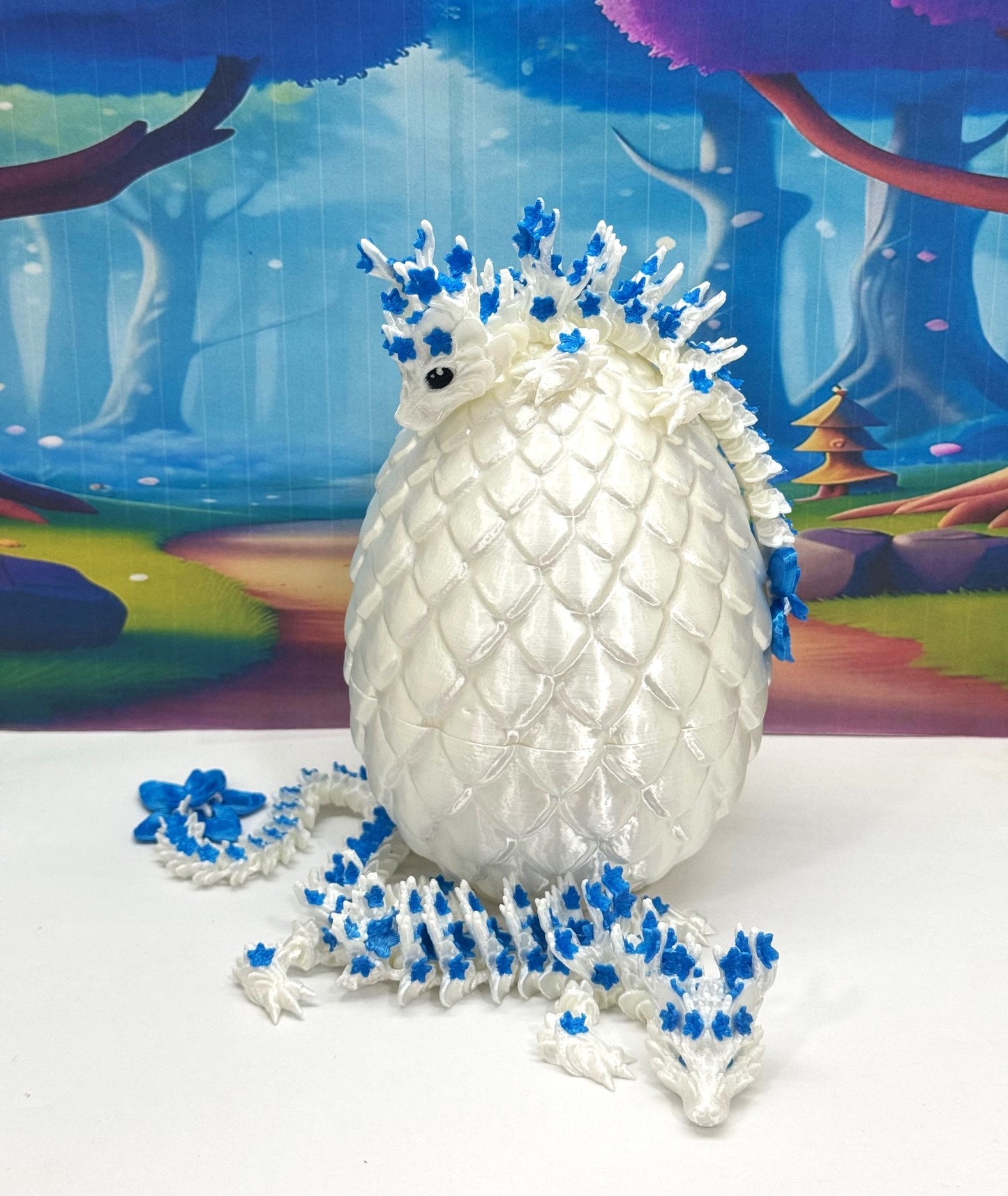 2pcs 3D Printed Dragons with Dragon Egg, Articulated White and Blue Cherry Blossom Dragons, 3D Printed Gift Birthday Party, Fidget ADHD Autism Toy MCD-017-004WB