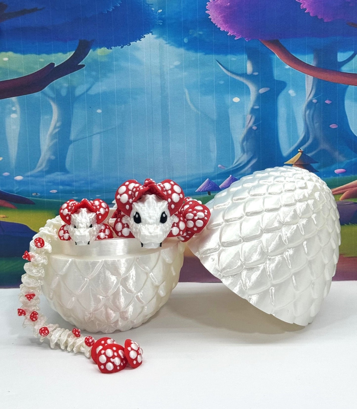 2pcs 3D Printed Dragons with Dragon Egg, Articulated Mother and Baby Mushroom Dragons, 3D Printed Red and White Dragons, Fidget ADHD Autism Toy MCD-036-006