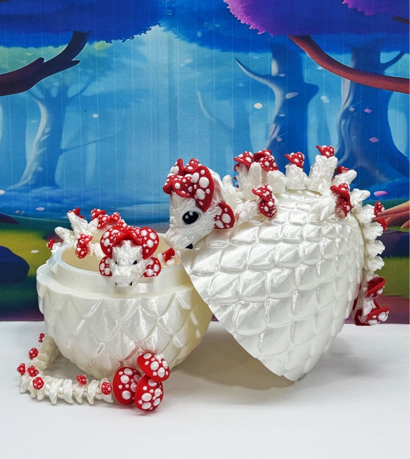 2pcs 3D Printed Dragons with Dragon Egg, Articulated Mother and Baby Mushroom Dragons, 3D Printed Red and White Dragons, Fidget ADHD Autism Toy MCD-036-006