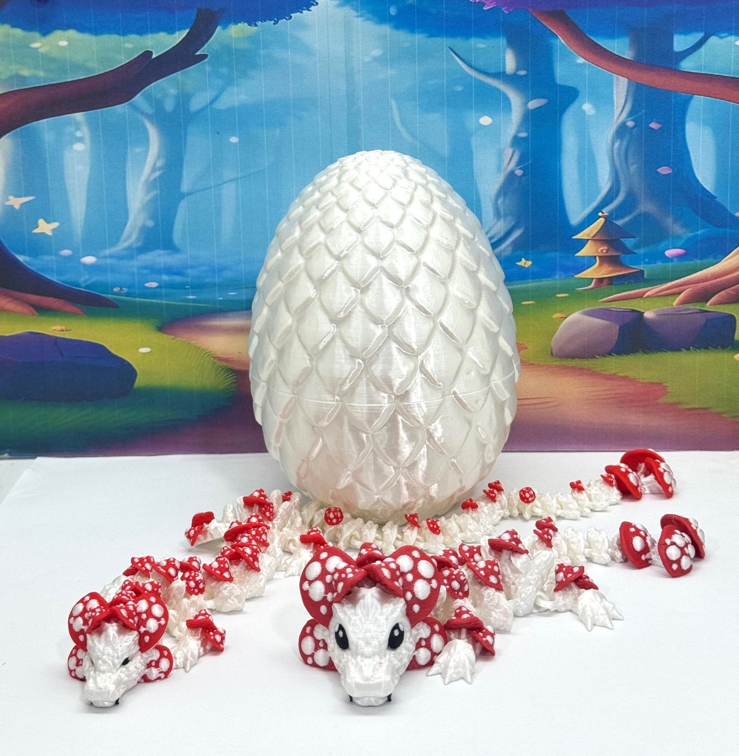2pcs 3D Printed Dragons with Dragon Egg, Articulated Mother and Baby Mushroom Dragons, 3D Printed Red and White Dragons, Fidget ADHD Autism Toy MCD-036-006
