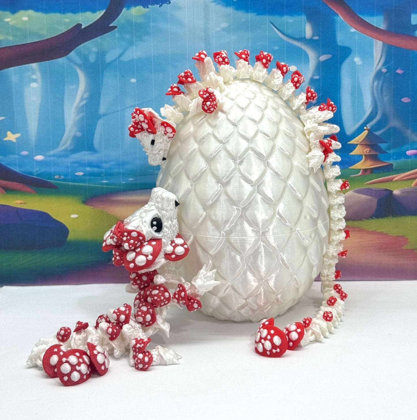 2pcs 3D Printed Dragons with Dragon Egg, Articulated Mother and Baby Mushroom Dragons, 3D Printed Red and White Dragons, Fidget ADHD Autism Toy MCD-036-006