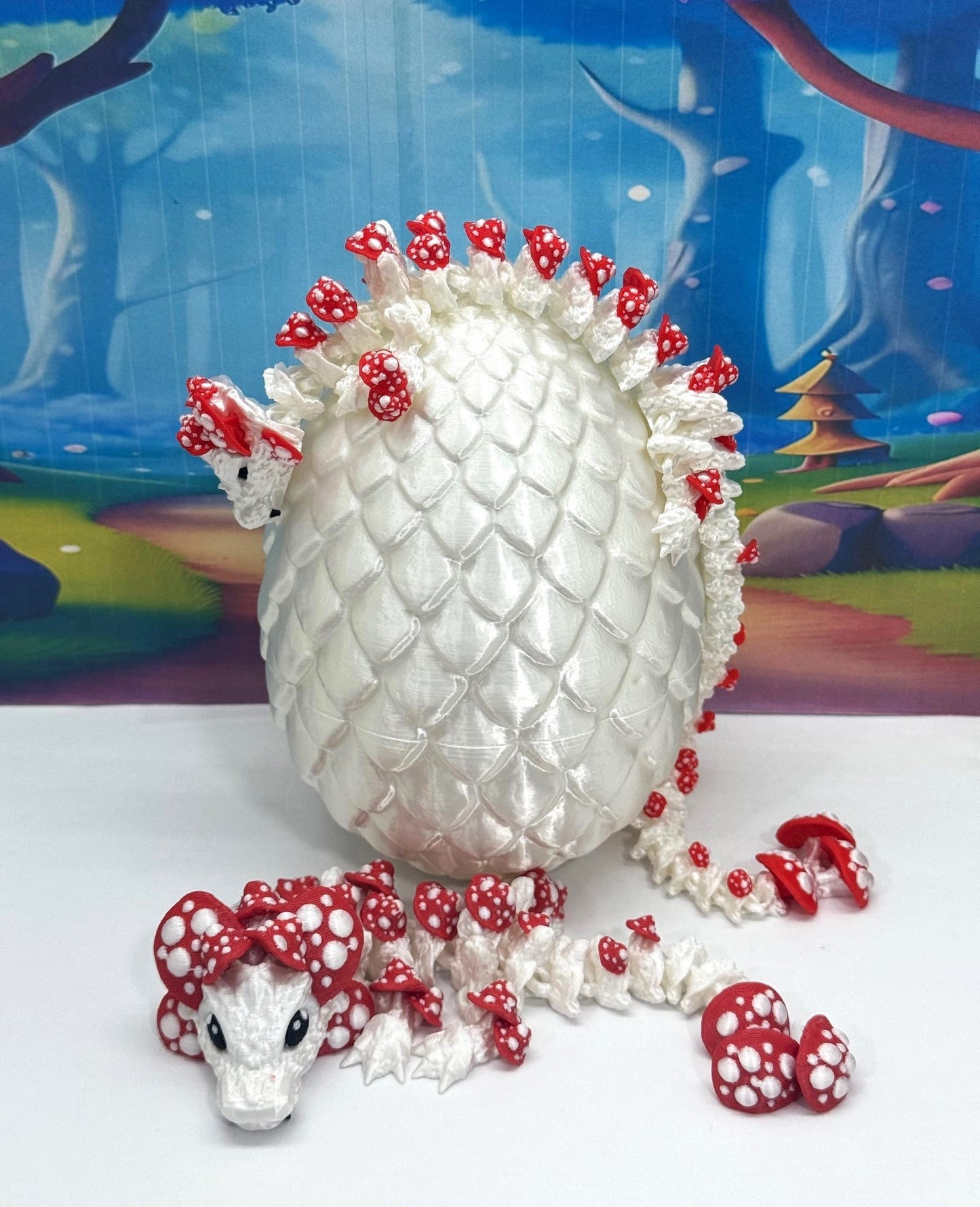2pcs 3D Printed Dragons with Dragon Egg, Articulated Mother and Baby Mushroom Dragons, 3D Printed Red and White Dragons, Fidget ADHD Autism Toy MCD-036-006
