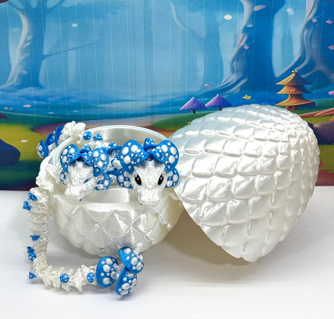 2pcs 3D Printed Dragons with Dragon Egg, Articulated Mother and Baby Mushroom Dragons, 3D Printed White and Blue Dragons, Fidget ADHD Autism Toy MCD-046-006WB