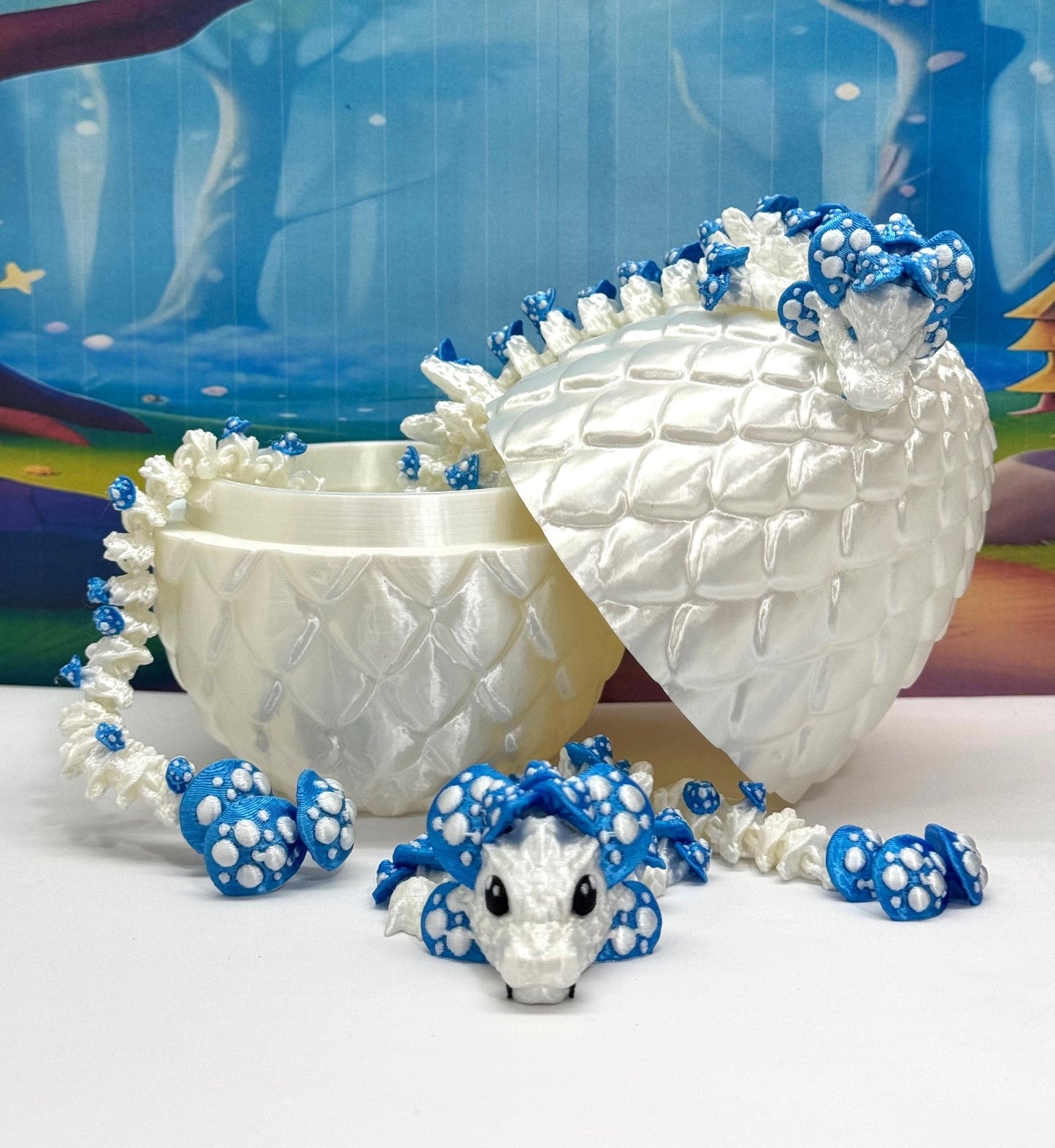 2pcs 3D Printed Dragons with Dragon Egg, Articulated Mother and Baby Mushroom Dragons, 3D Printed White and Blue Dragons, Fidget ADHD Autism Toy MCD-046-006WB