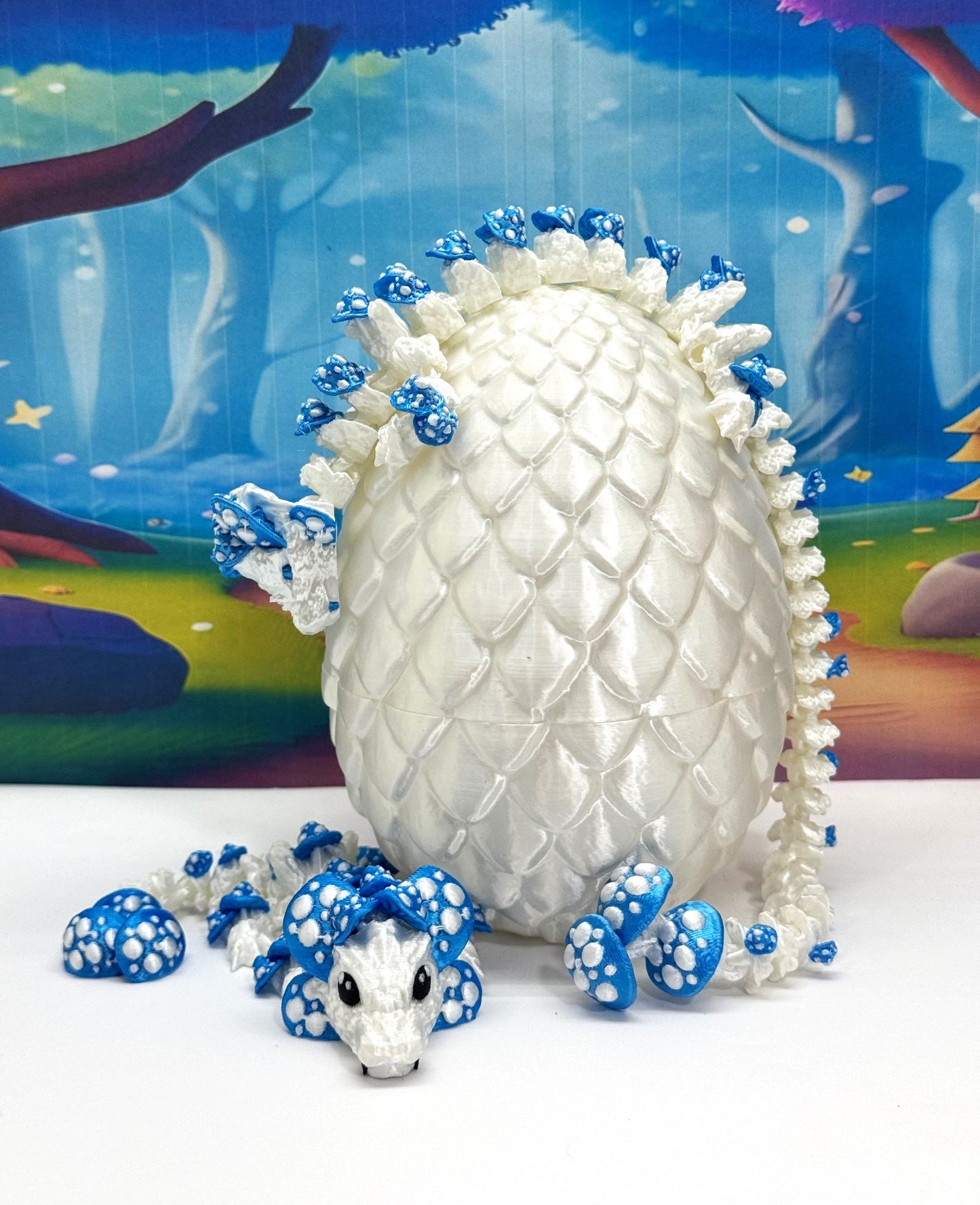 2pcs 3D Printed Dragons with Dragon Egg, Articulated Mother and Baby Mushroom Dragons, 3D Printed White and Blue Dragons, Fidget ADHD Autism Toy MCD-046-006WB