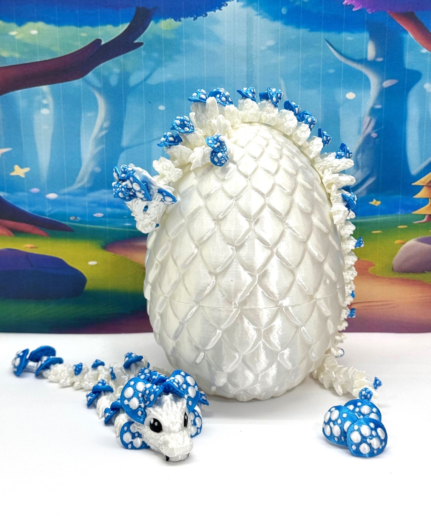 2pcs 3D Printed Dragons with Dragon Egg, Articulated Mother and Baby Mushroom Dragons, 3D Printed White and Blue Dragons, Fidget ADHD Autism Toy MCD-046-006WB