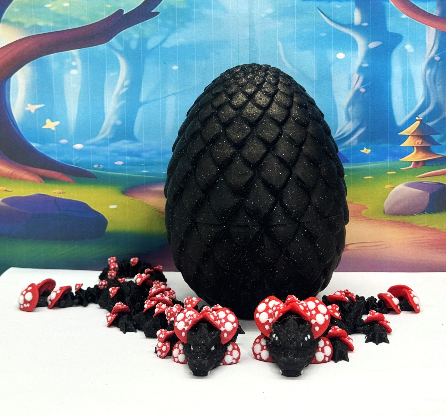 2pcs 3D Printed Dragons with Dragon Egg, Articulated Mother and Baby Mushroom Dragons, 3D Printed Black and Red Dragons, Fidget ADHD Autism Toy MCD-038-009