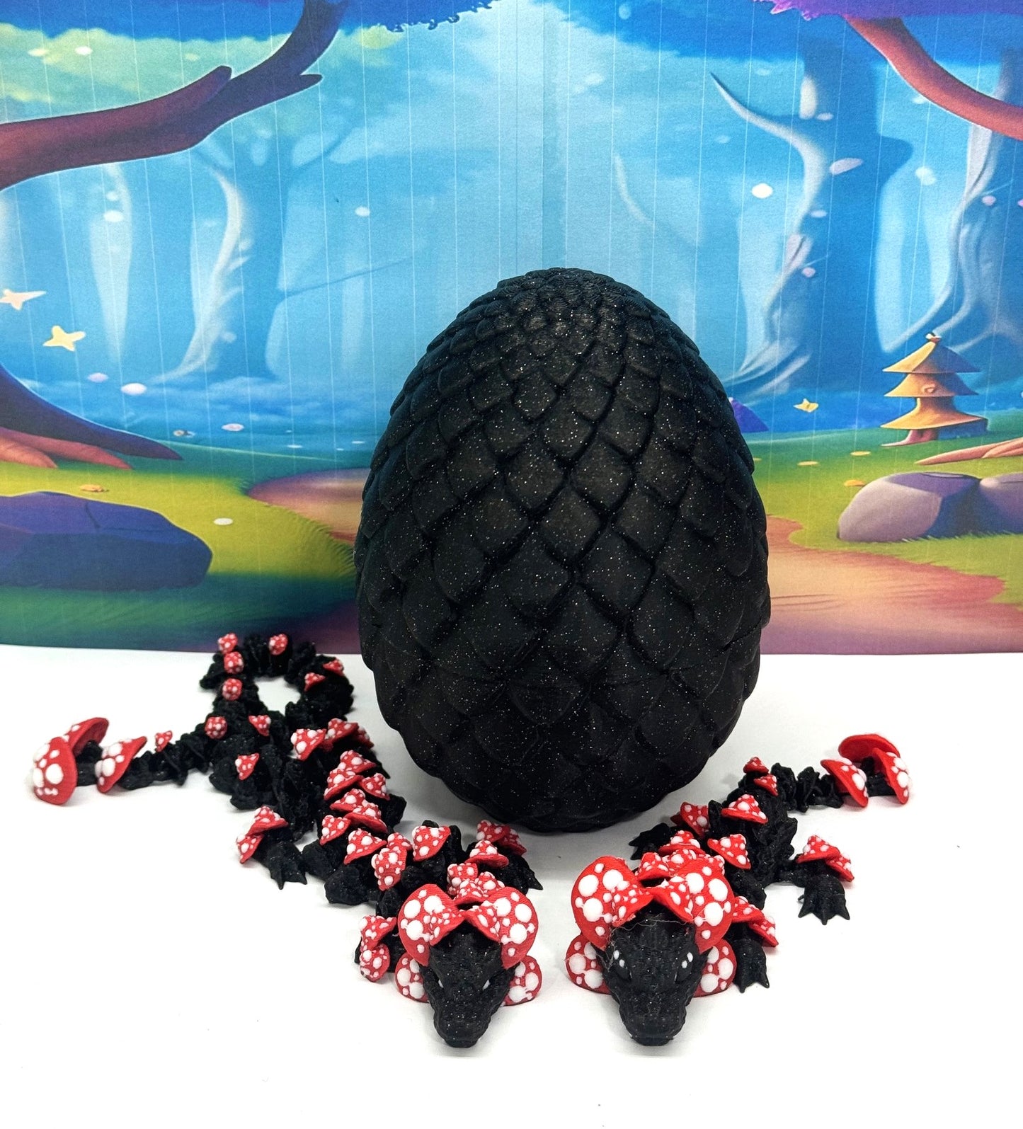 2pcs 3D Printed Dragons with Dragon Egg, Articulated Mother and Baby Mushroom Dragons, 3D Printed Black and Red Dragons, Fidget ADHD Autism Toy MCD-038-009