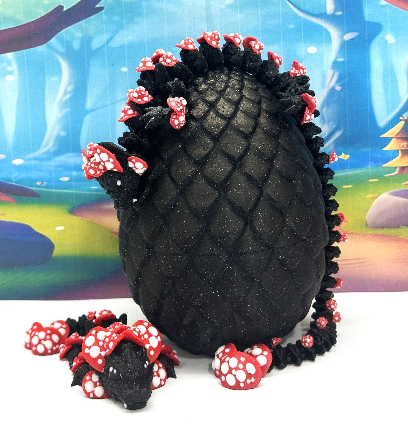 2pcs 3D Printed Dragons with Dragon Egg, Articulated Mother and Baby Mushroom Dragons, 3D Printed Black and Red Dragons, Fidget ADHD Autism Toy MCD-038-009