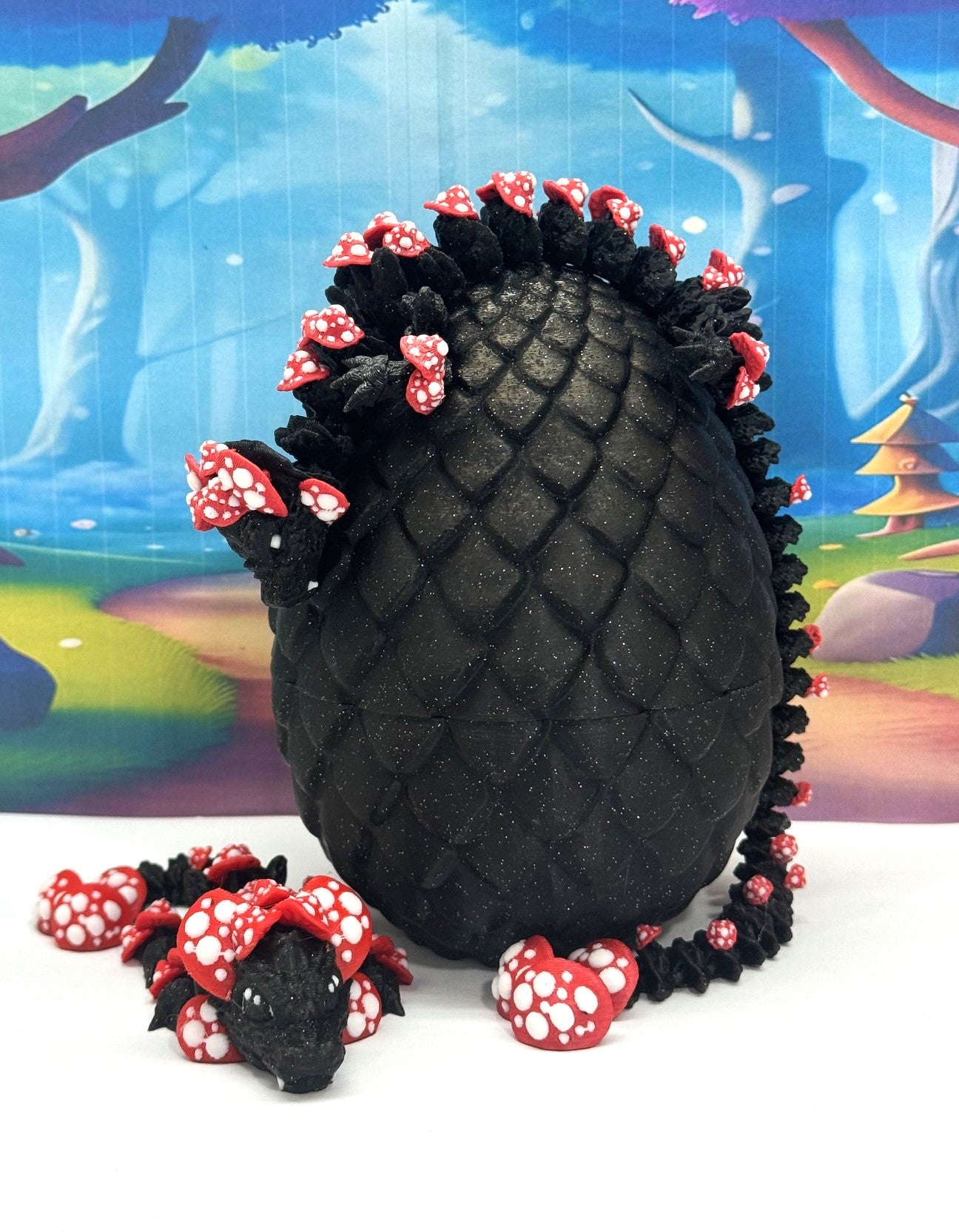 2pcs 3D Printed Dragons with Dragon Egg, Articulated Mother and Baby Mushroom Dragons, 3D Printed Black and Red Dragons, Fidget ADHD Autism Toy MCD-038-009