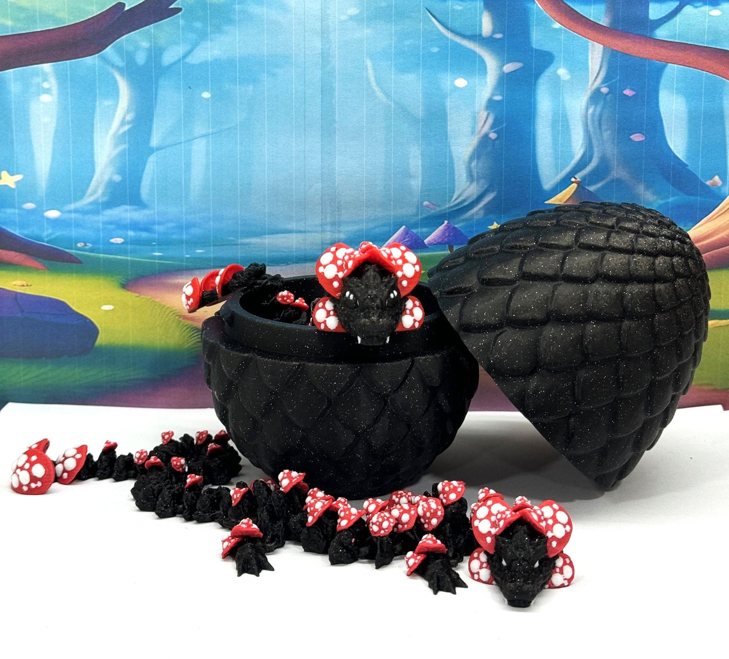 2pcs 3D Printed Dragons with Dragon Egg, Articulated Mother and Baby Mushroom Dragons, 3D Printed Black and Red Dragons, Fidget ADHD Autism Toy MCD-038-009