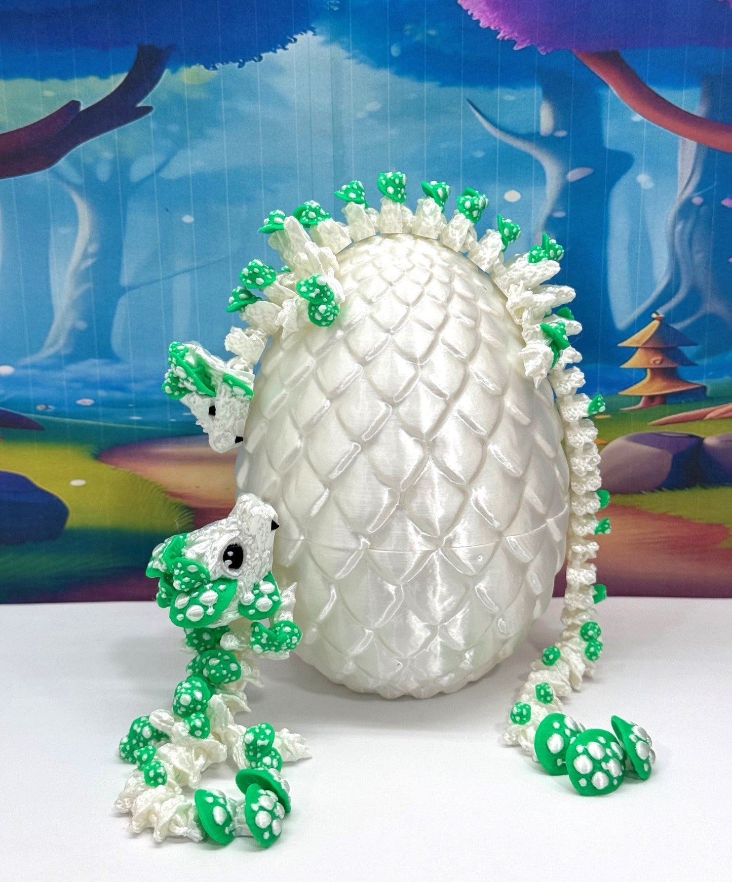 2pcs 3D Printed Dragons with Dragon Egg, Articulated Mother and Baby Mushroom Dragons, 3D Printed White and Green Dragons, Fidget ADHD Autism Toy MCD-046-006WG