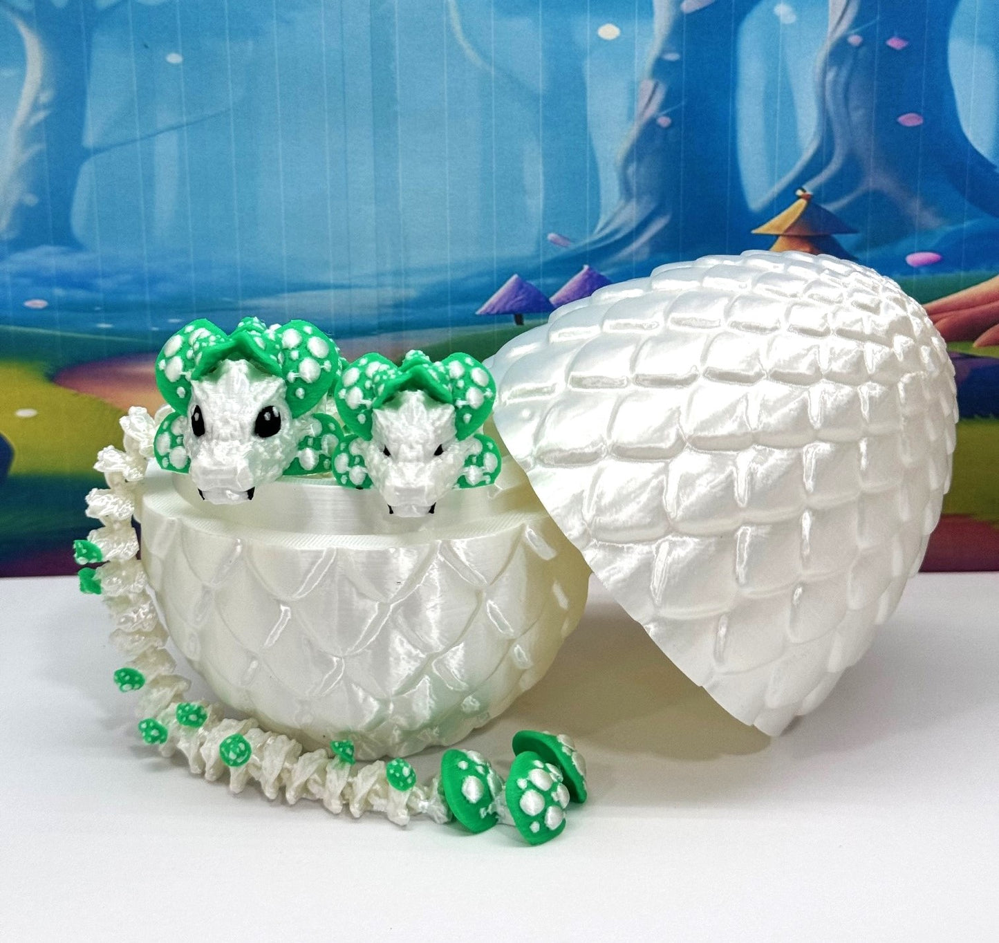 2pcs 3D Printed Dragons with Dragon Egg, Articulated Mother and Baby Mushroom Dragons, 3D Printed White and Green Dragons, Fidget ADHD Autism Toy MCD-046-006WG