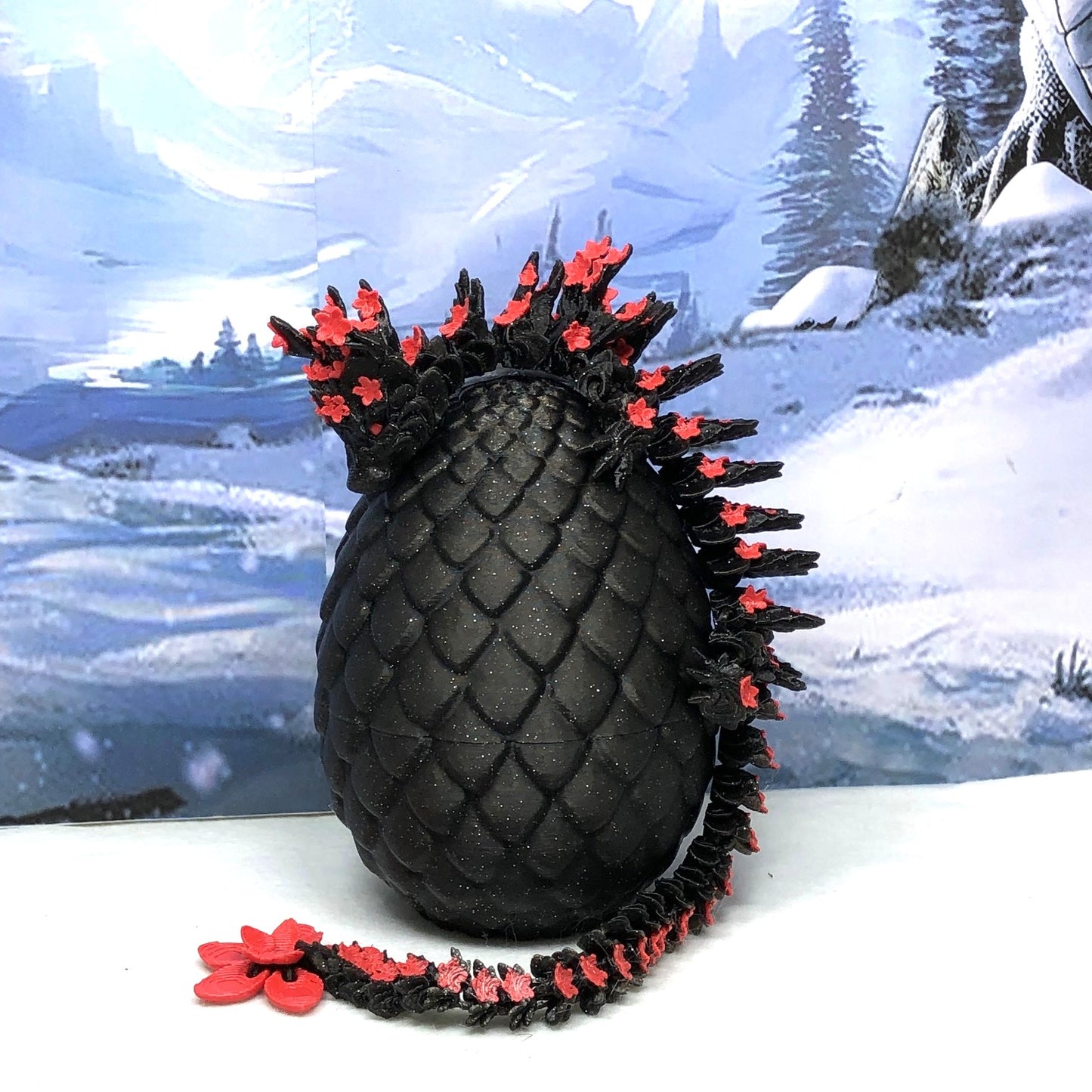 3D Printed Dragon with Dragon Egg, Articulated Dragon, 12" Black and Red Cherry Blossom Dragon, Fidget Sensory Toy, Flexible ADHD, Autism, Relief Anxiety D020