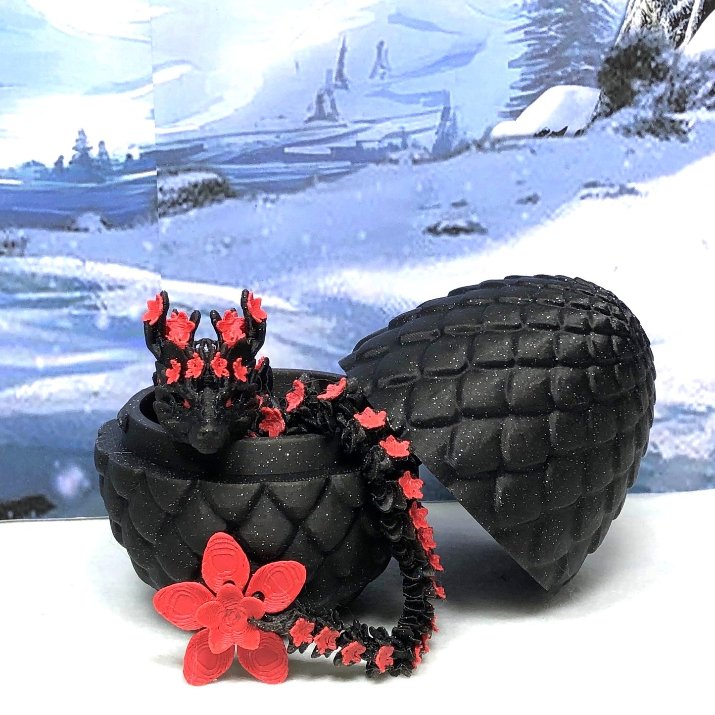 3D Printed Dragon with Dragon Egg, Articulated Dragon, 12" Black and Red Cherry Blossom Dragon, Fidget Sensory Toy, Flexible ADHD, Autism, Relief Anxiety D020