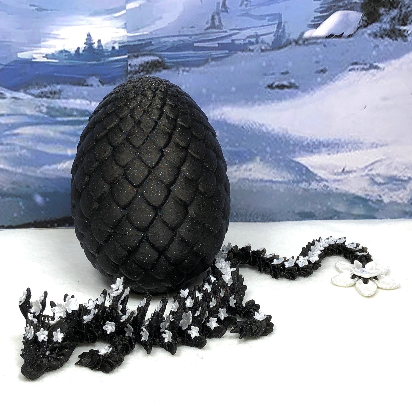 3D Printed Dragon with Dragon Egg, Articulated Dragon, 12" Black and White Cherry Blossom Dragon, Fidget Sensory Toy, Flexible ADHD, Autism, Relief Anxiety D019