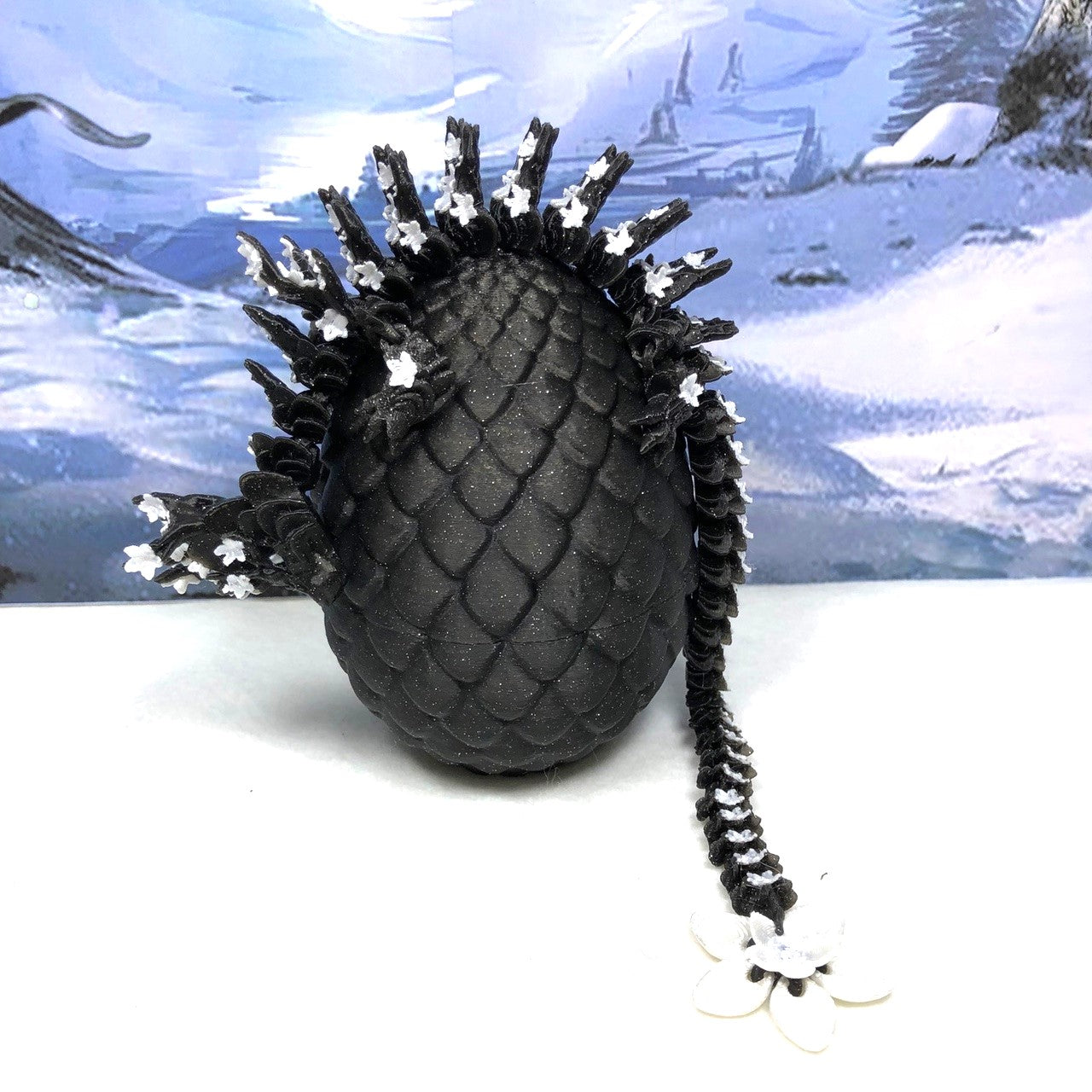 3D Printed Dragon with Dragon Egg, Articulated Dragon, 12" Black and White Cherry Blossom Dragon, Fidget Sensory Toy, Flexible ADHD, Autism, Relief Anxiety D019