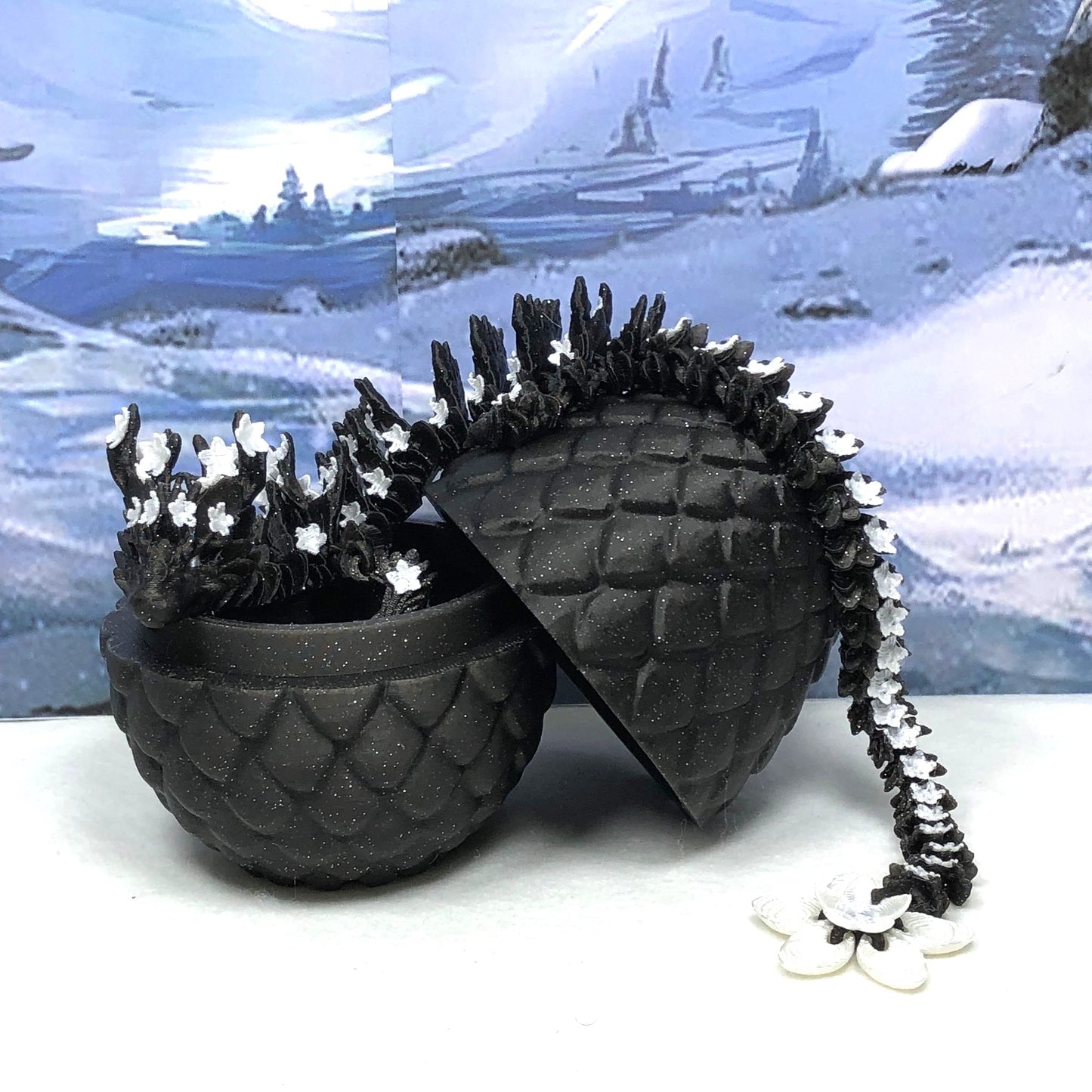 3D Printed Dragon with Dragon Egg, Articulated Dragon, 12" Black and White Cherry Blossom Dragon, Fidget Sensory Toy, Flexible ADHD, Autism, Relief Anxiety D019