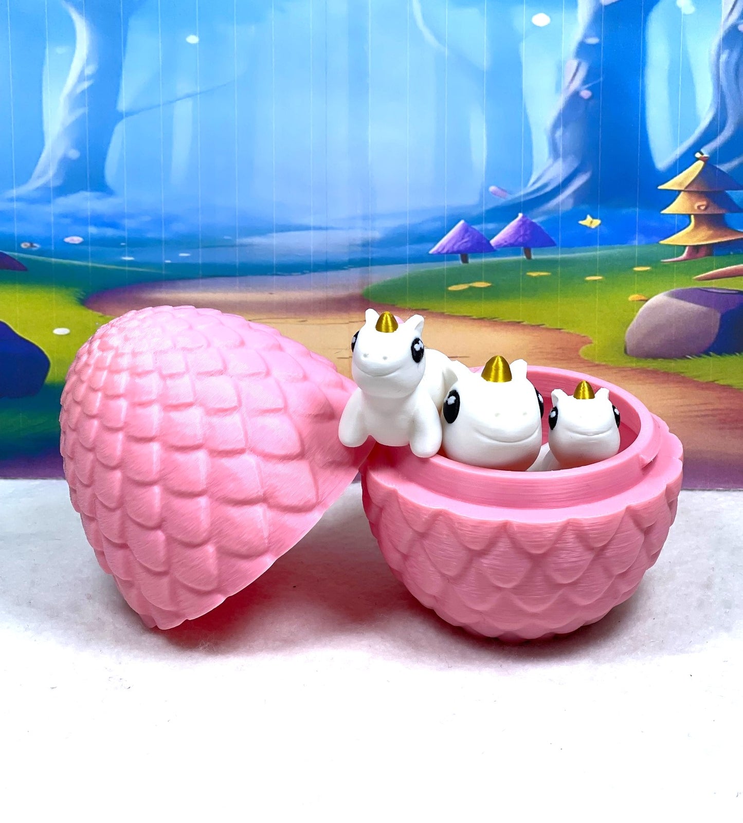 3pcs 3D Printed Unicorn with Egg, Articulated Pink and White Unicorn, Fidget Mini Animal Gift Idea, Party Decorations MU001-3X