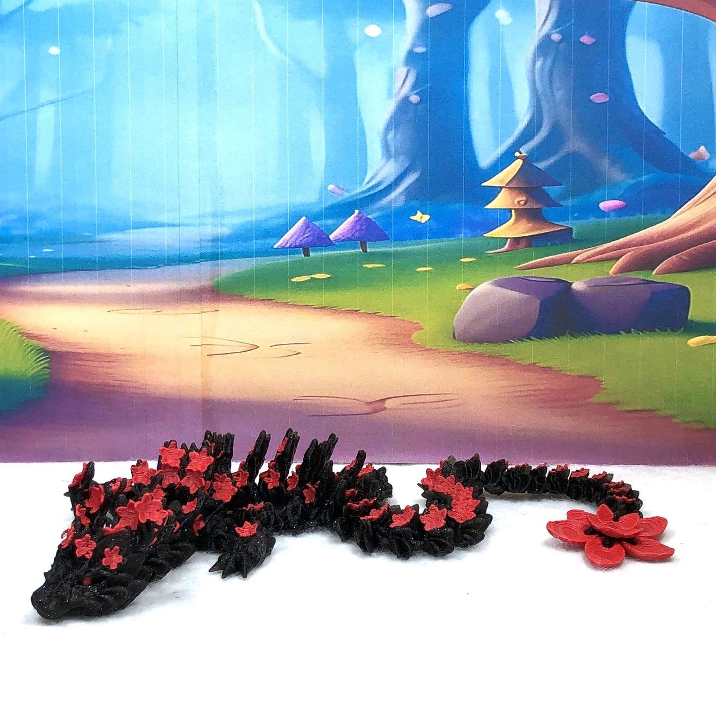 3D Printed Dragon with Dragon Egg, Articulated Dragon, 12" Black and Red Cherry Blossom Dragon, Fidget Sensory Toy, Flexible ADHD, Autism, Relief Anxiety D020