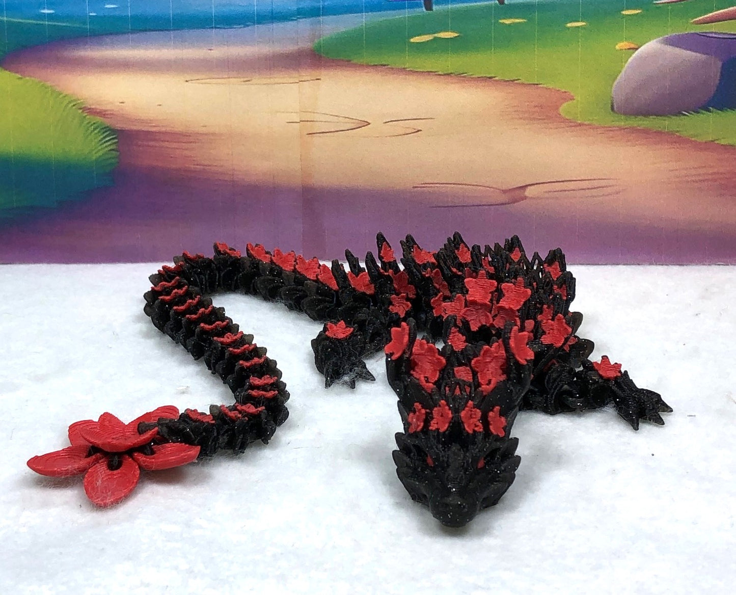 3D Printed Dragon with Dragon Egg, Articulated Dragon, 12" Black and Red Cherry Blossom Dragon, Fidget Sensory Toy, Flexible ADHD, Autism, Relief Anxiety D020