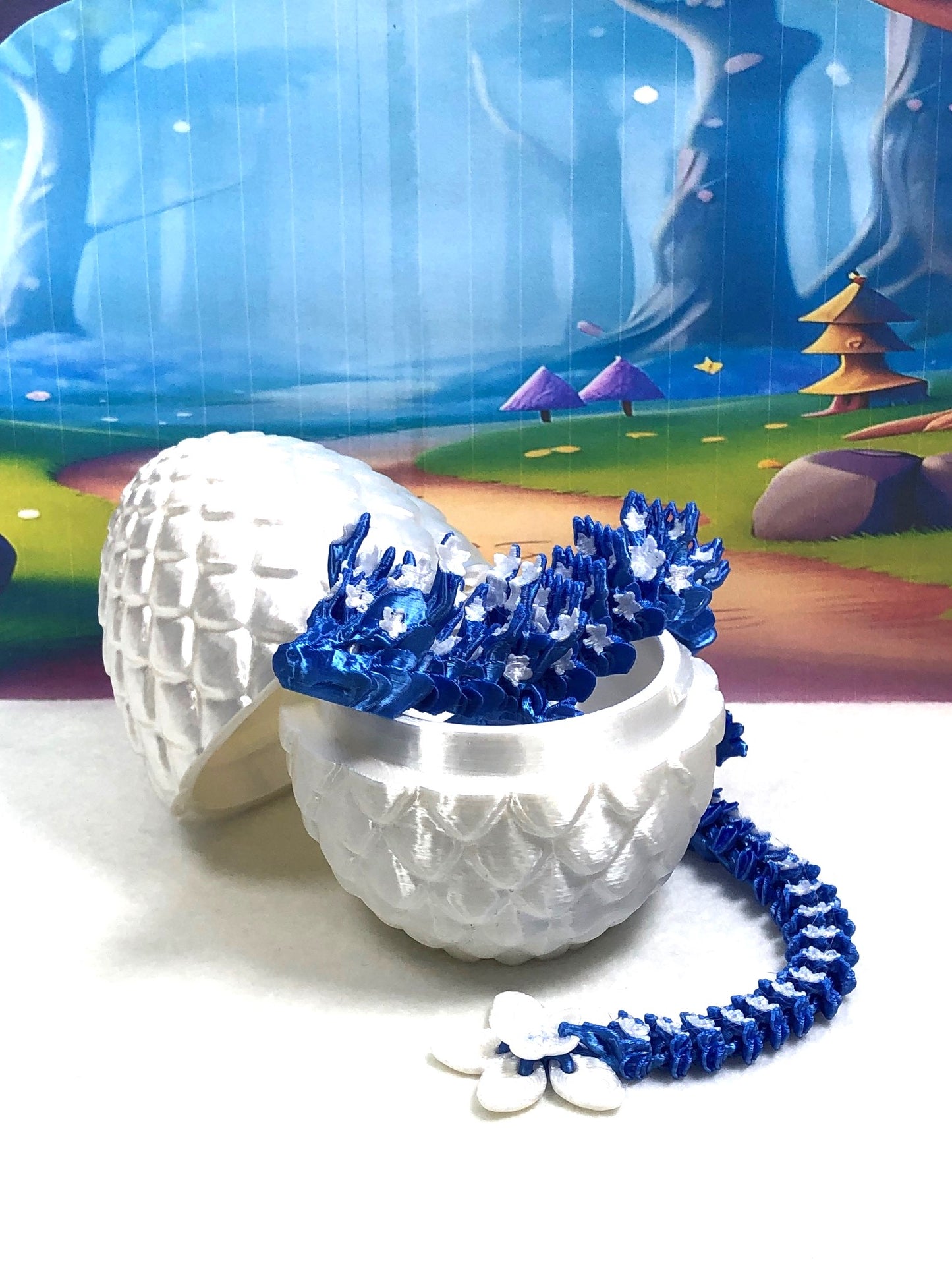 3D Printed Dragon with Dragon Egg, 12" Blue Purple and White Cherry Blossom, Articulated Dragon, Fidget ADHD Autism Sensory Toy Executive Desk Toy D033