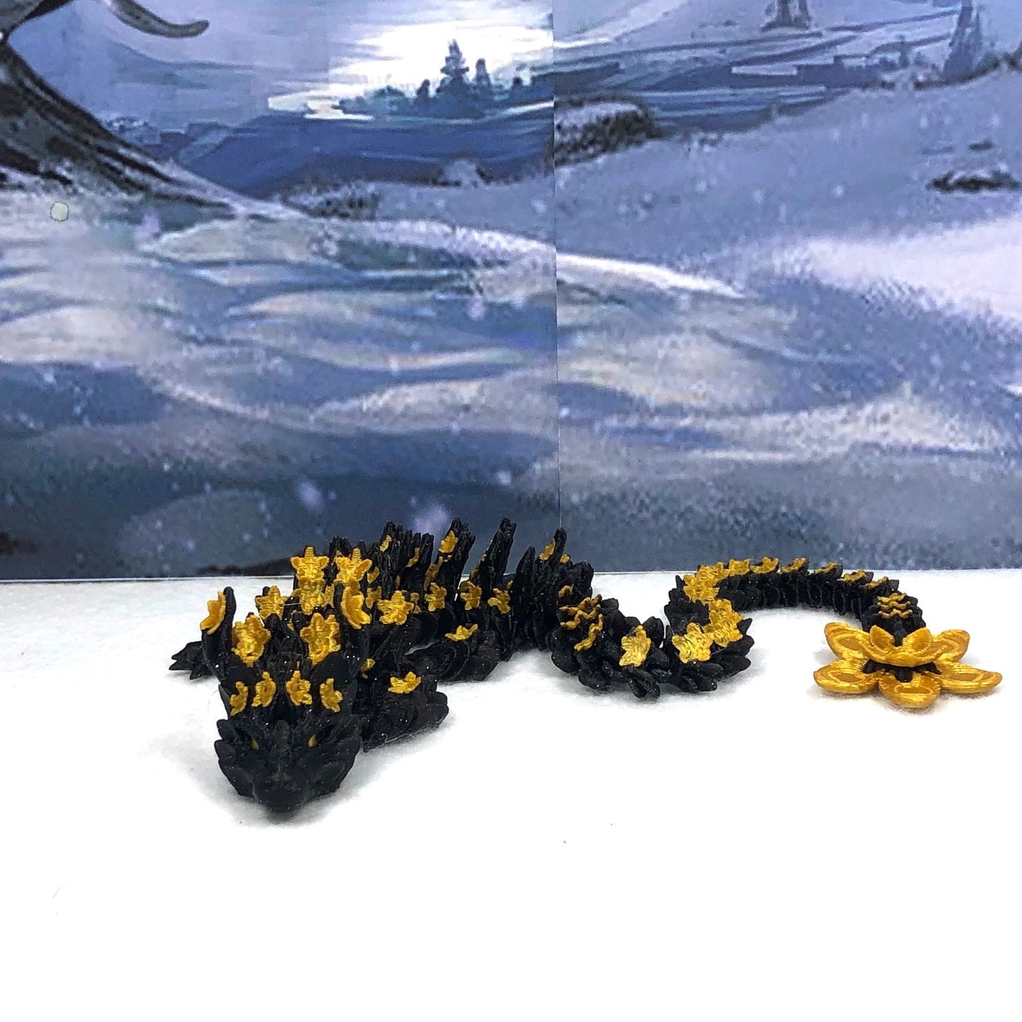 3D Printed Dragon with Dragon Egg, Articulated Dragon, 12" Black and Gold Cherry Blossom Dragon, Fidget Sensory Toy, Flexible ADHD, Autism, Relief Anxiety D043