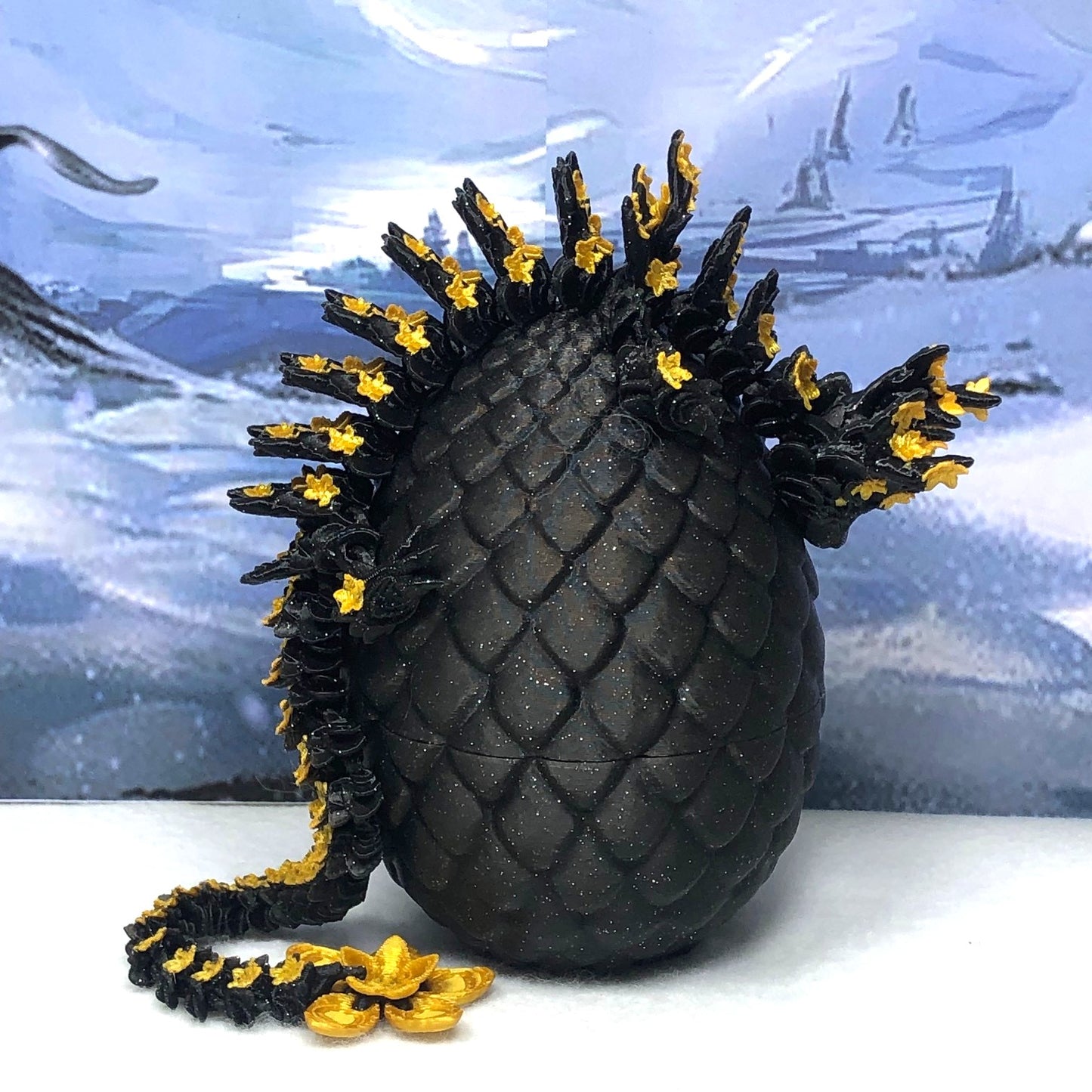 3D Printed Dragon with Dragon Egg, Articulated Dragon, 12" Black and Gold Cherry Blossom Dragon, Fidget Sensory Toy, Flexible ADHD, Autism, Relief Anxiety D043