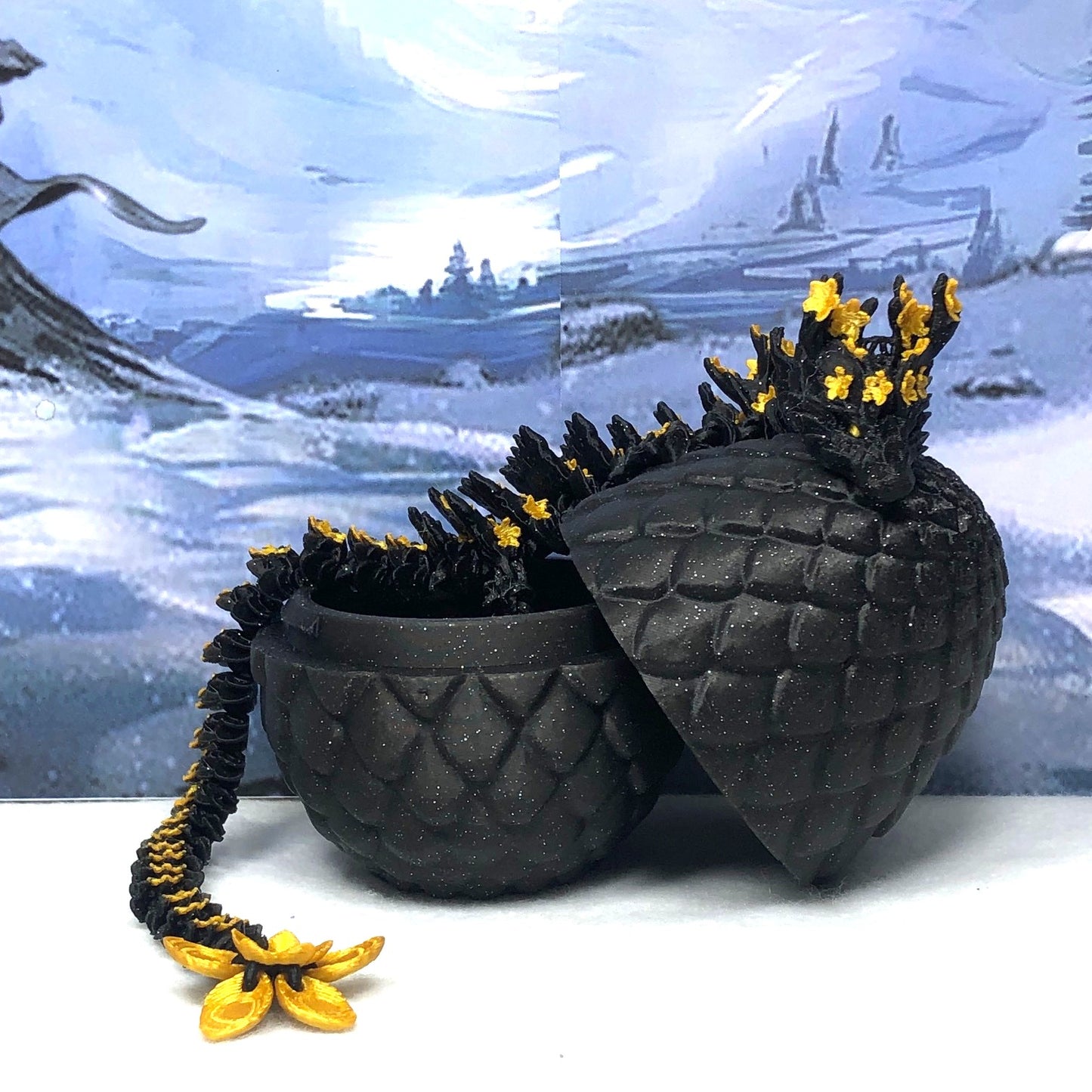 3D Printed Dragon with Dragon Egg, Articulated Dragon, 12" Black and Gold Cherry Blossom Dragon, Fidget Sensory Toy, Flexible ADHD, Autism, Relief Anxiety D043