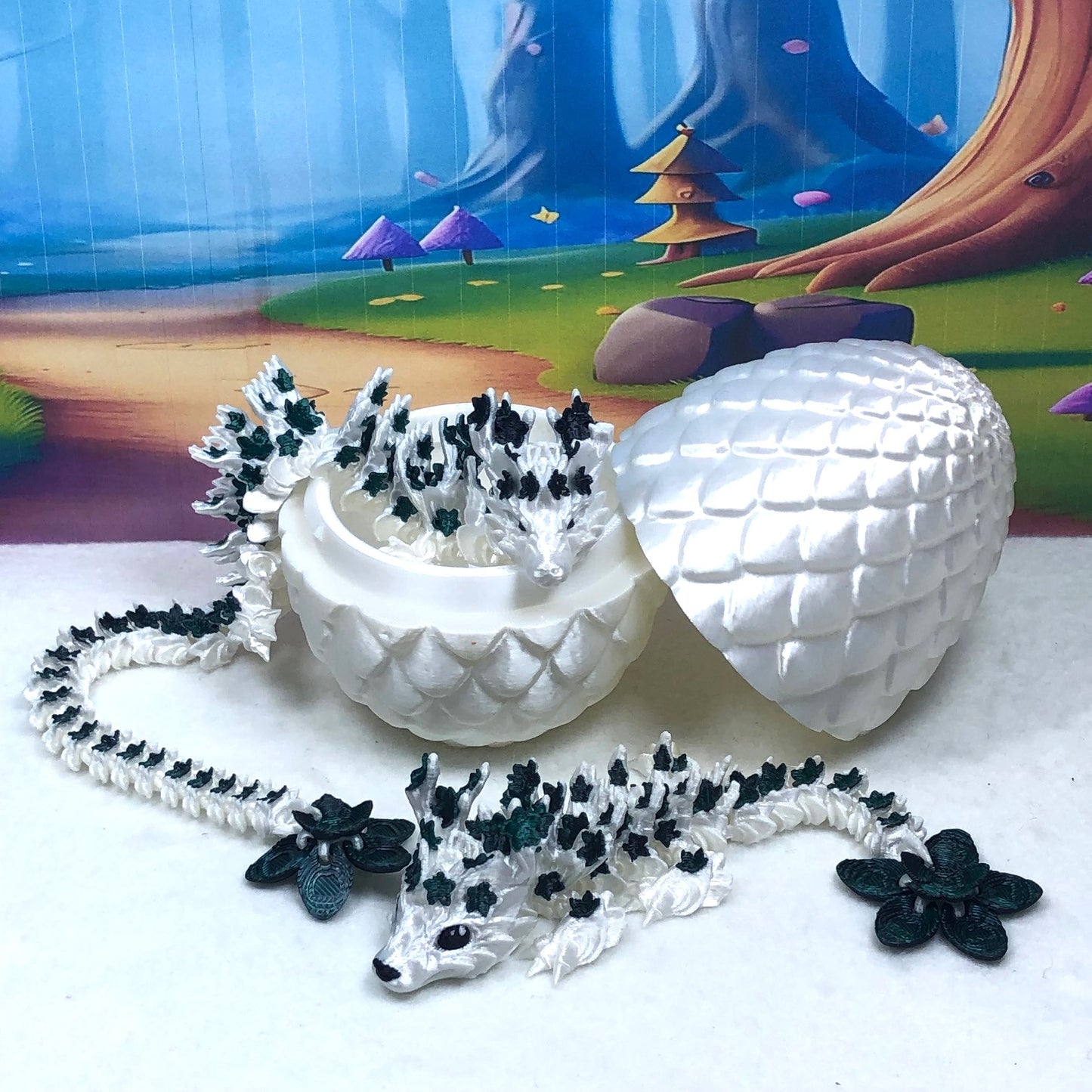 2pcs 3D Printed Dragons with Dragon Egg, Articulated White and Green Cherry Blossom Dragons, 3D Printed Gift Birthday Party, Fidget ADHD Autism Toy MCD-017-004-BEG