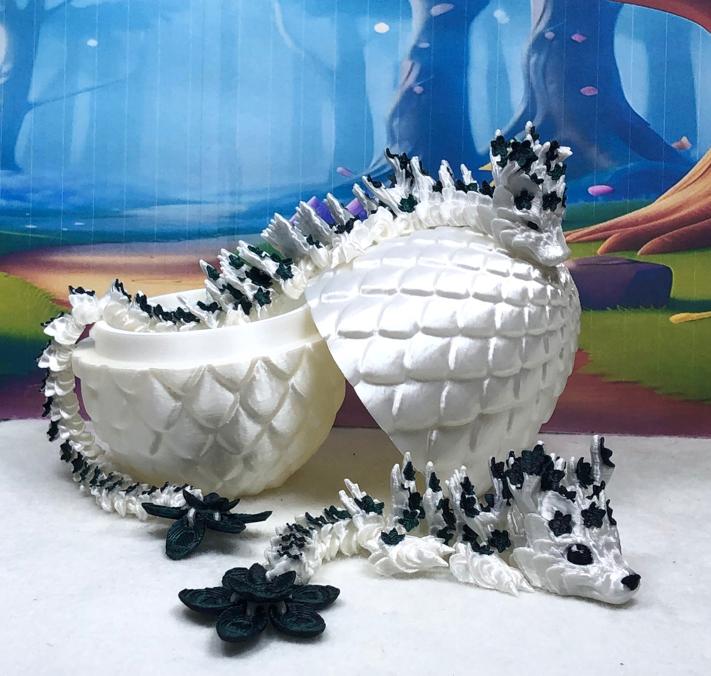 2pcs 3D Printed Dragons with Dragon Egg, Articulated White and Green Cherry Blossom Dragons, 3D Printed Gift Birthday Party, Fidget ADHD Autism Toy MCD-017-004-BEG