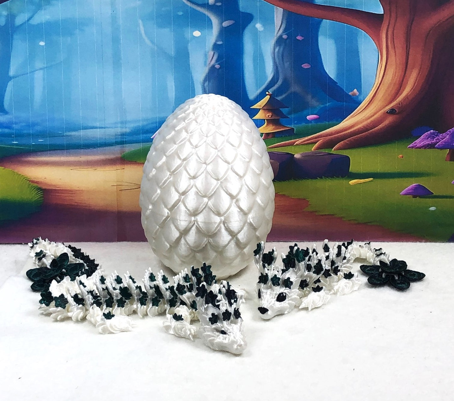 2pcs 3D Printed Dragons with Dragon Egg, Articulated White and Green Cherry Blossom Dragons, 3D Printed Gift Birthday Party, Fidget ADHD Autism Toy MCD-017-004-BEG