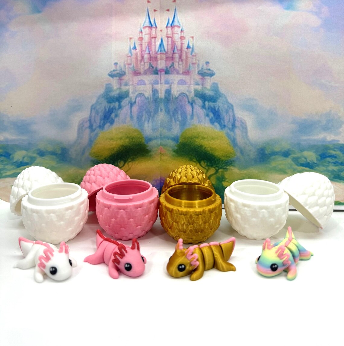 4pcs 3D Printed Articulated Mini Axolotl with Eggs, Fidget Mini Axolotl Toy, Executive Desk Toy, Party Decorations MA001-4X