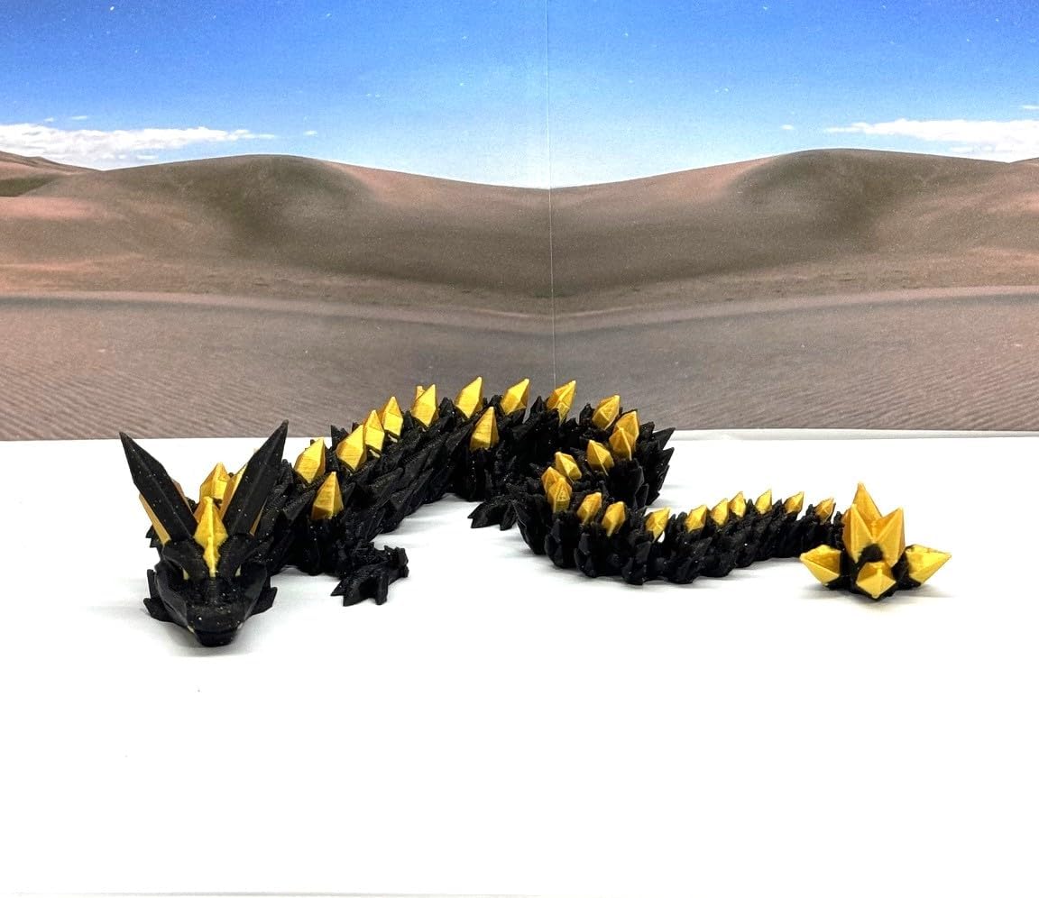 3D Printed Crystal Dragon, Articulated 12" Black and Gold Crystal Dragon, Fidget ADHD Autism Toy, Relief Anxiety Toy D065