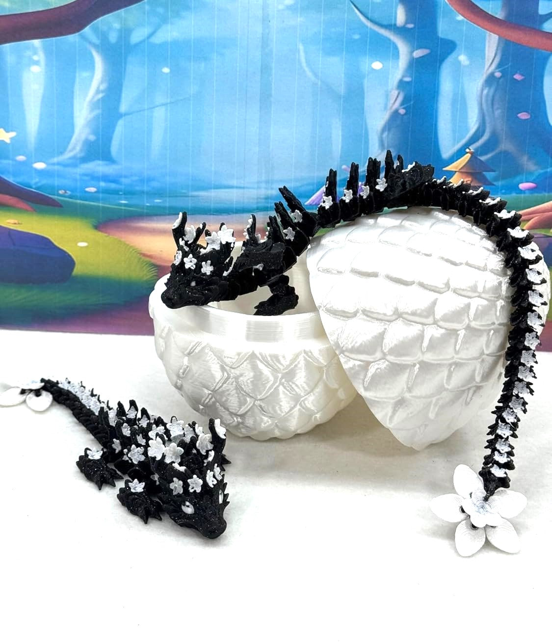 2pcs 3D Printed Dragons with Dragon Egg, Articulated Black and White Cherry Blossom Dragons, 3D Printed Gift Birthday Party, Fidget ADHD Autism Toy MCD-019-004BW-WE