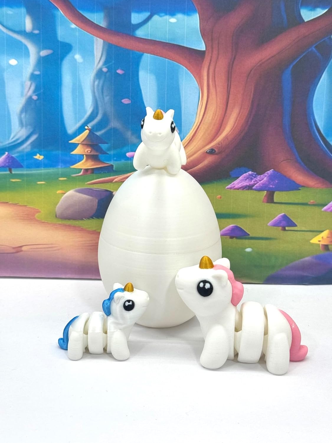 3pcs 3D Printed Unicorn with Egg, Articulated Pink and White Unicorn, Fidget Mini Animal Gift Idea, Party Decorations MU001-3X