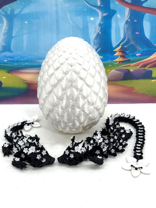 2pcs 3D Printed Dragons with Dragon Egg, Articulated Black and White Cherry Blossom Dragons, 3D Printed Gift Birthday Party, Fidget ADHD Autism Toy MCD-019-004BW-WE