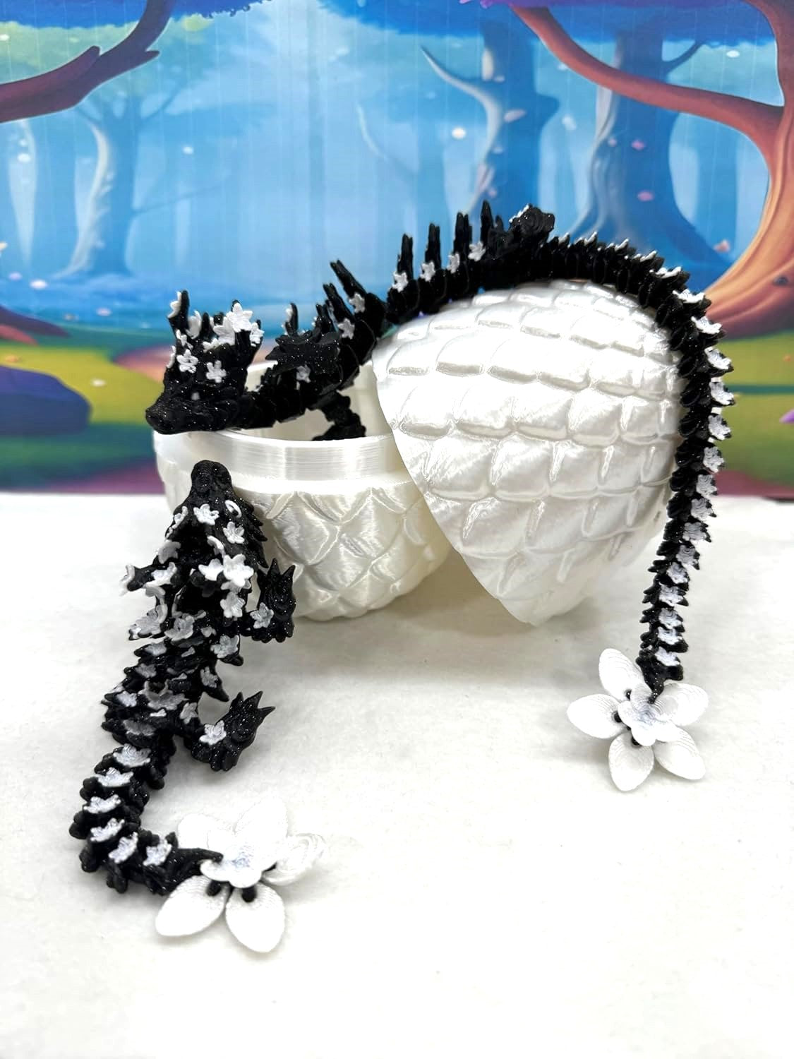 2pcs 3D Printed Dragons with Dragon Egg, Articulated Black and White Cherry Blossom Dragons, 3D Printed Gift Birthday Party, Fidget ADHD Autism Toy MCD-019-004BW-WE