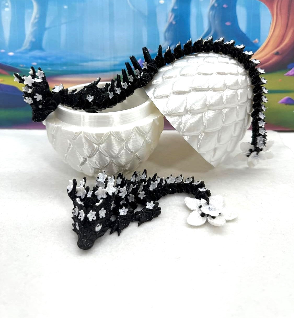 2pcs 3D Printed Dragons with Dragon Egg, Articulated Black and White Cherry Blossom Dragons, 3D Printed Gift Birthday Party, Fidget ADHD Autism Toy MCD-019-004BW-WE