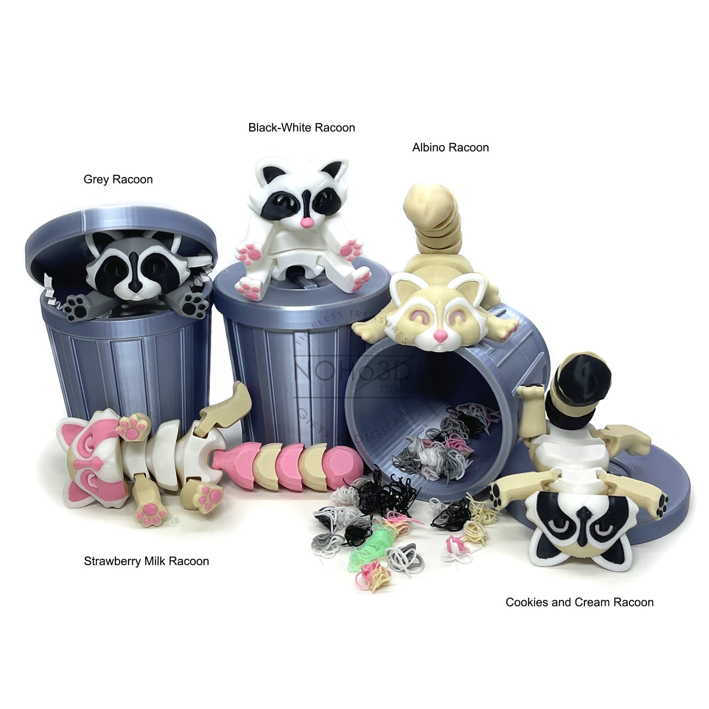 Articulated Racoon with Trash Can, 3D Printed Multi Colored Racoons, Trashcan Raccoon, Trash can, Raccoon Toy, Trash Panda, Fidget ADHD Autism Toy AR002