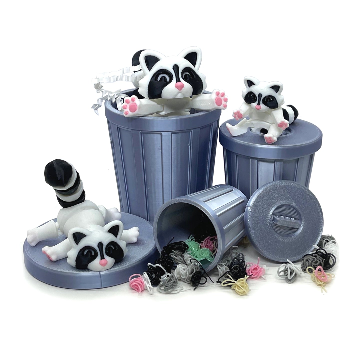 Articulated Racoon with Trash Can, 3D Printed Black and White Racoon, Trashcan Raccoon, Trash can, Raccoon Toy, Trash Panda, Fidget ADHD Autism Toy AR004