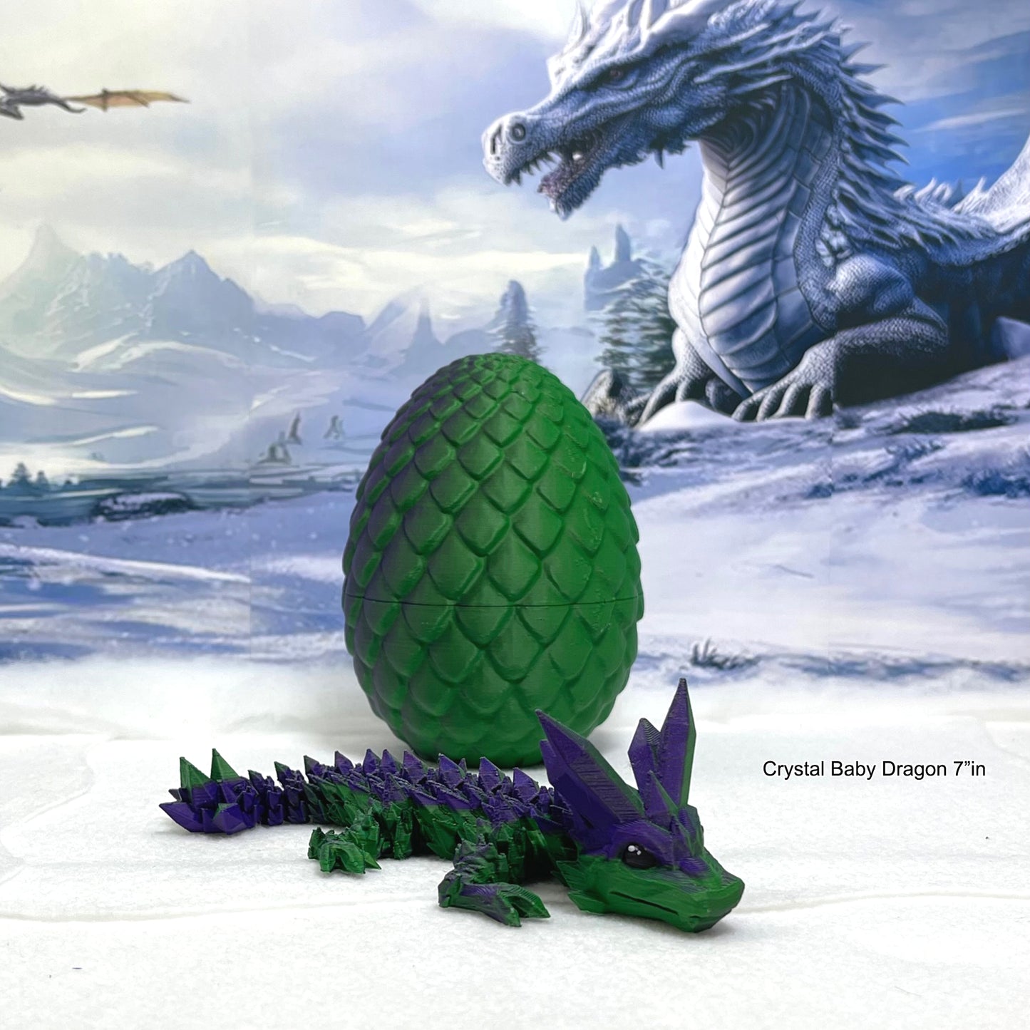 3D Printed Dragon with Dragon Egg, 7" Articulated Dual Color Green and Purple Baby Crystal Dragon, Fidget ADHD Autism Sensory Toy Executive Desk Toy BD003-Crystal