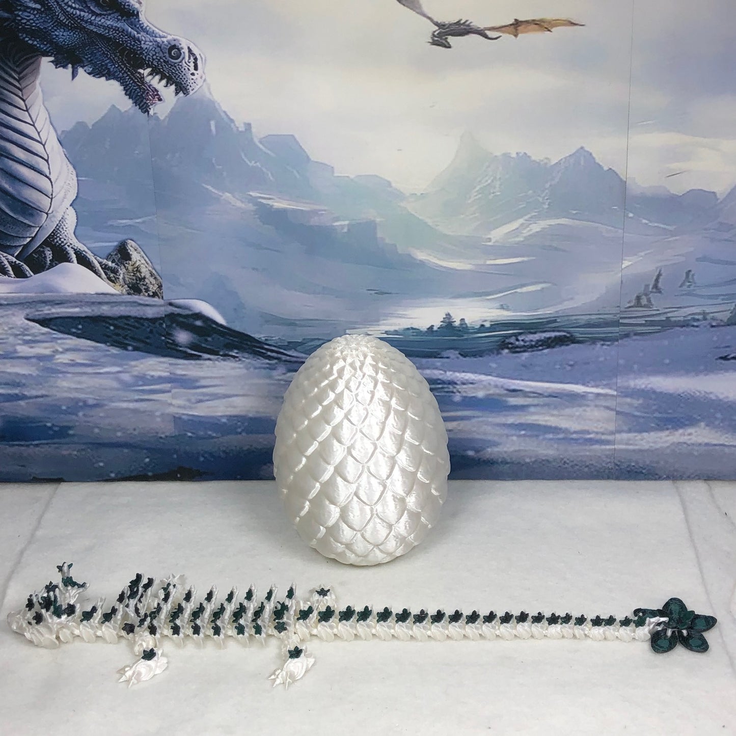 Generic Articulated Dragon with Dragon Egg, 12" 3D Printed White and Blue Cherry Blossom Dragon, Fidget Toy Executive Desk Toy D017-BEG