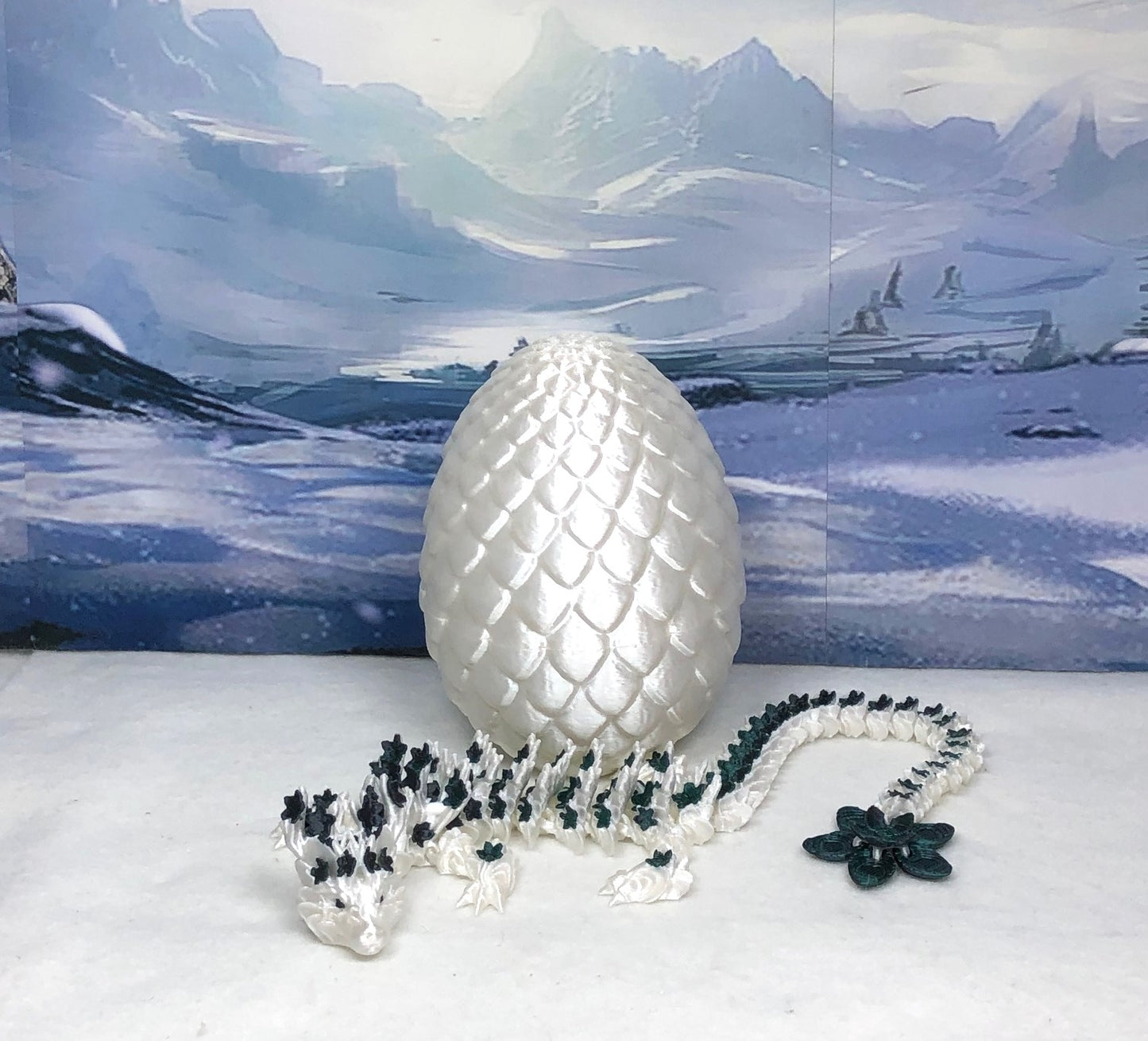 Generic Articulated Dragon with Dragon Egg, 12" 3D Printed White and Blue Cherry Blossom Dragon, Fidget Toy Executive Desk Toy D017-BEG