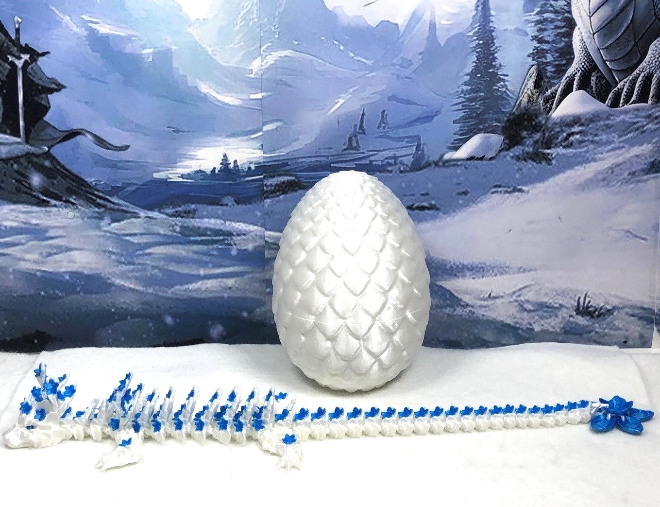 Generic Articulated Dragon with Dragon Egg, 12" 3D Printed White and Blue Cherry Blossom Dragon, Fidget Toy Executive Desk Toy D017-WB