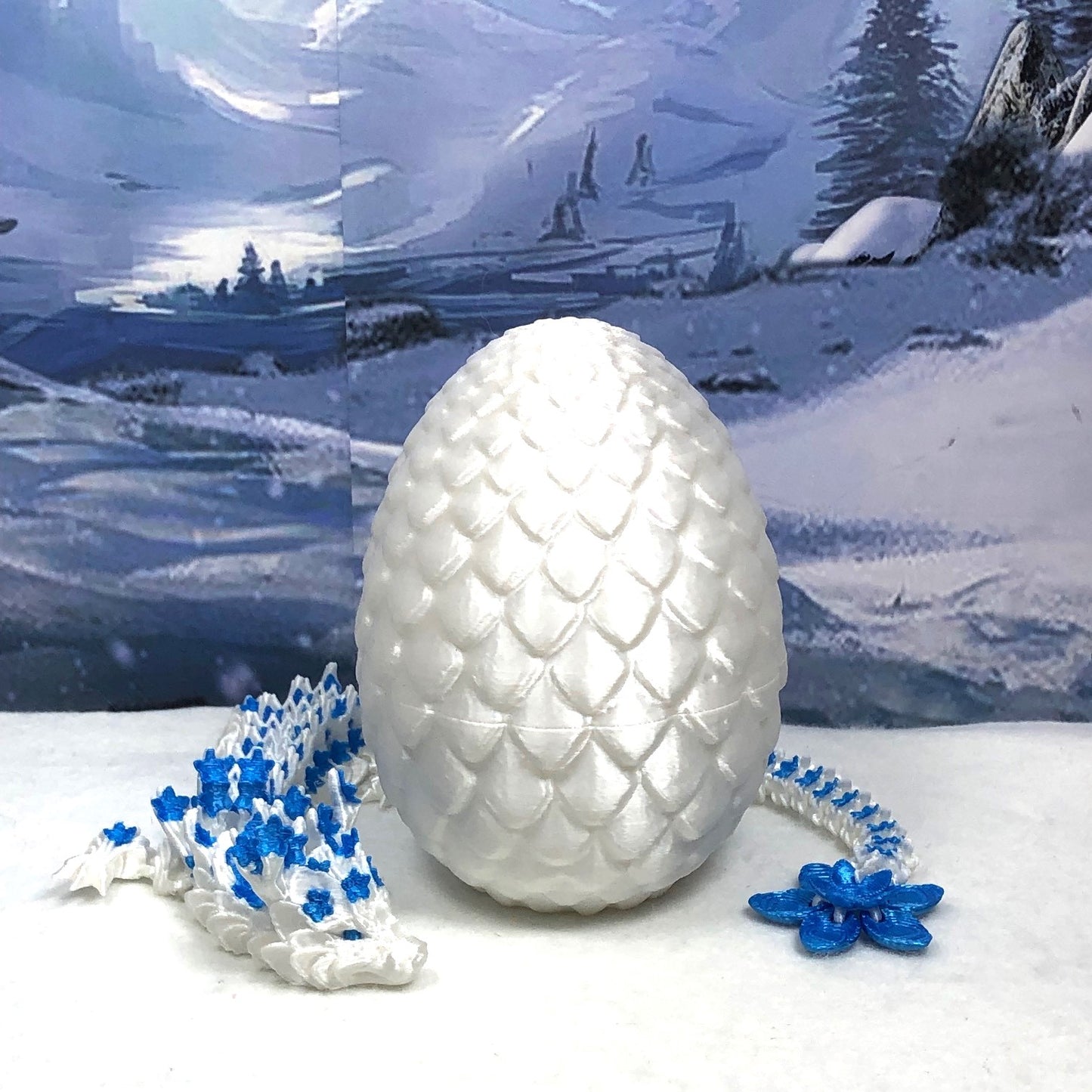 Generic Articulated Dragon with Dragon Egg, 12" 3D Printed White and Blue Cherry Blossom Dragon, Fidget Toy Executive Desk Toy D017-WB